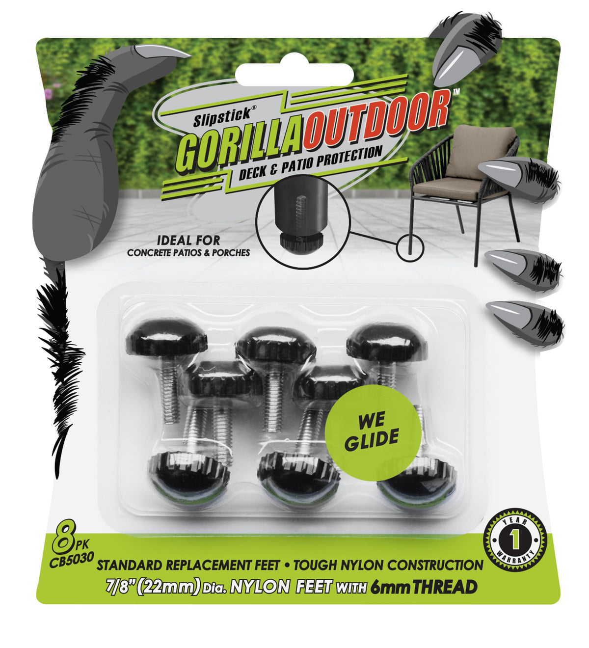 Slipstick Gorilla Outdoor Adjustable Furniture Levelers (8 Pack) Weatherproof Screw In Leg Glides For Chairs, Tables, And Outdoor Furniture Feet, 7/8 Inch Nylon Spherical Glide, M6 Thread