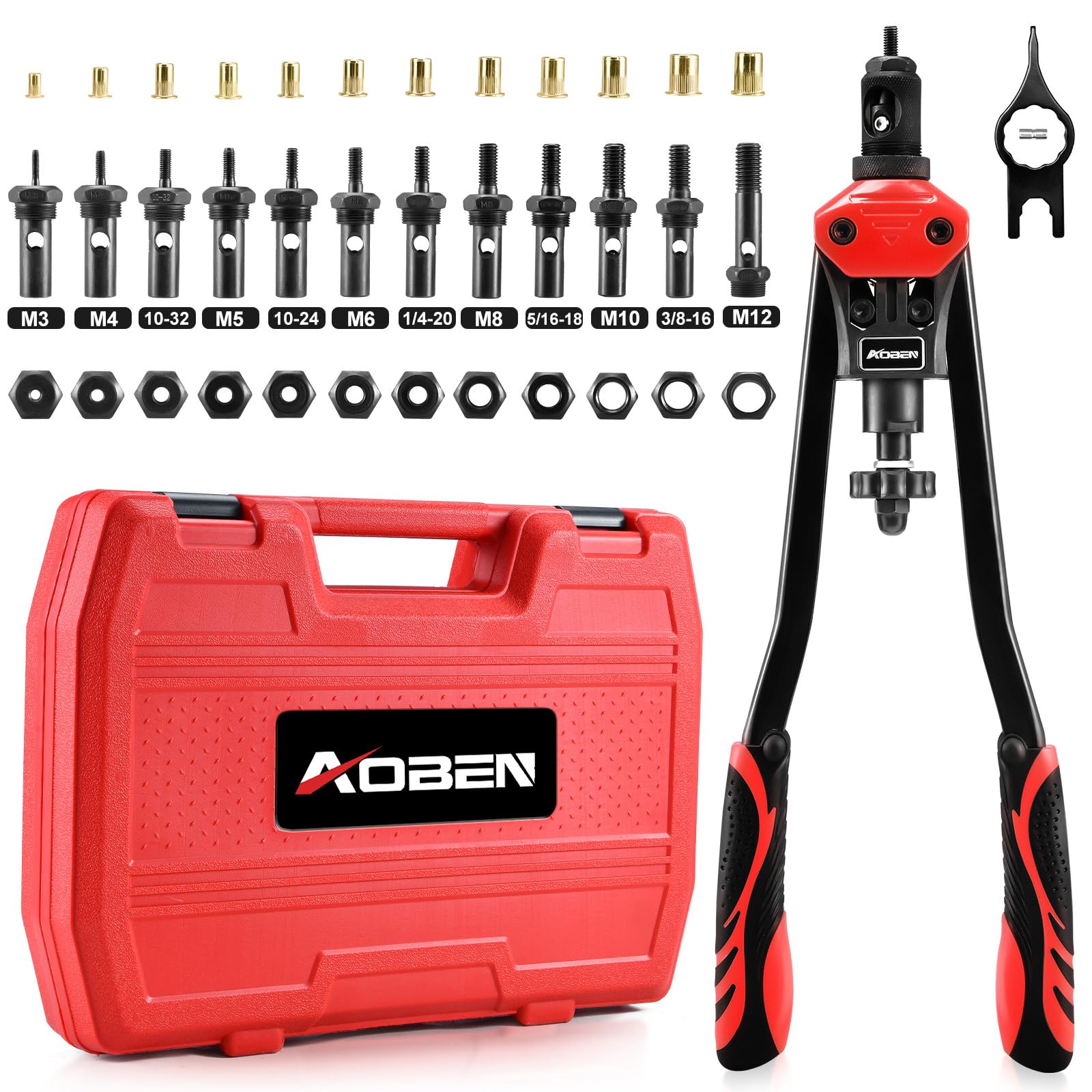 Aoben 16 Rivet Nut Tool, Professional Hand Rivet Nut Setter Kit With 12 Interchangeable Metric & Sae Mandrels, 145Pcs Rivnuts And Rugged Carrying Case
