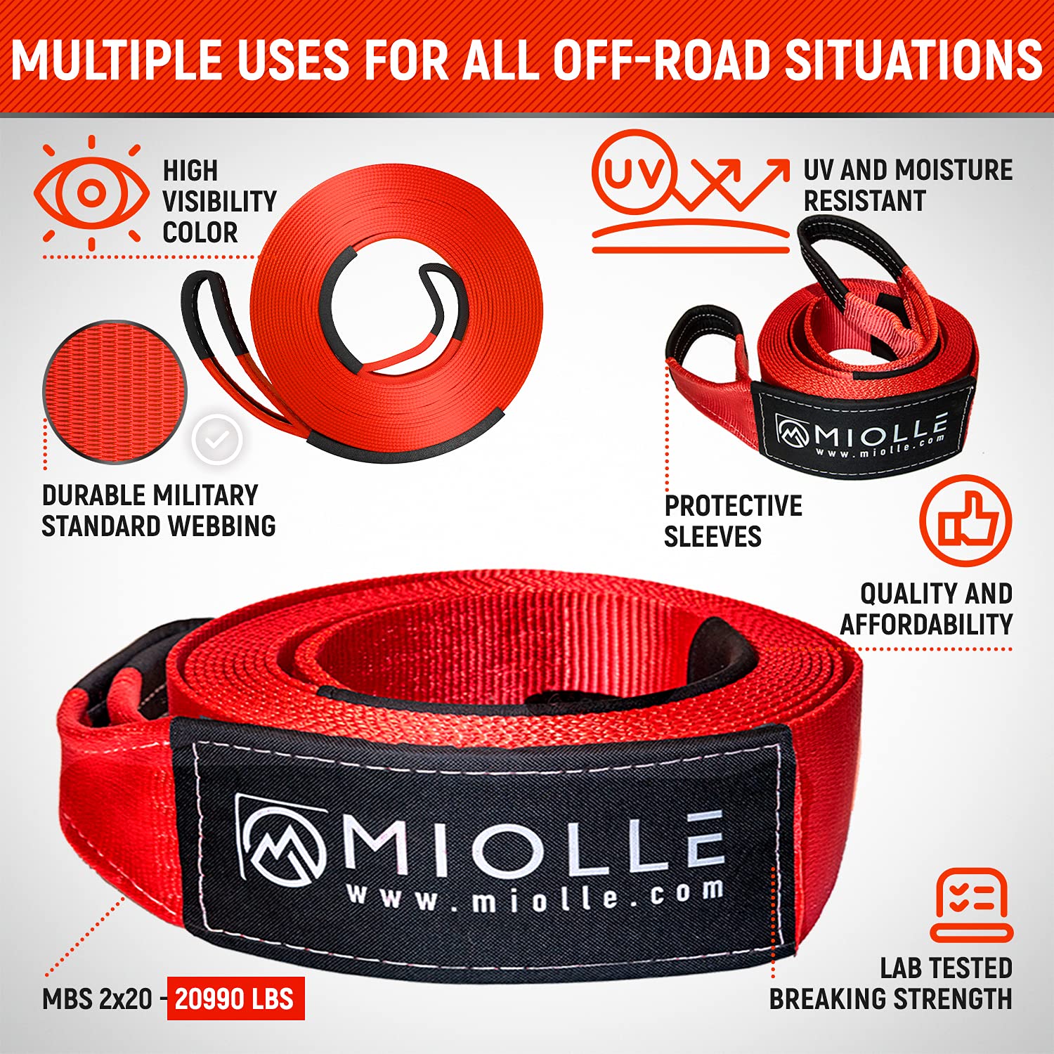 Miollegear Tow Strap 2   X20- 20990 Lbs Mbs (Lab Tested) Recovery Strap Kit Includes: Tow Rope, 2 D-Ring Shackles 5/8 Mbs- 28640