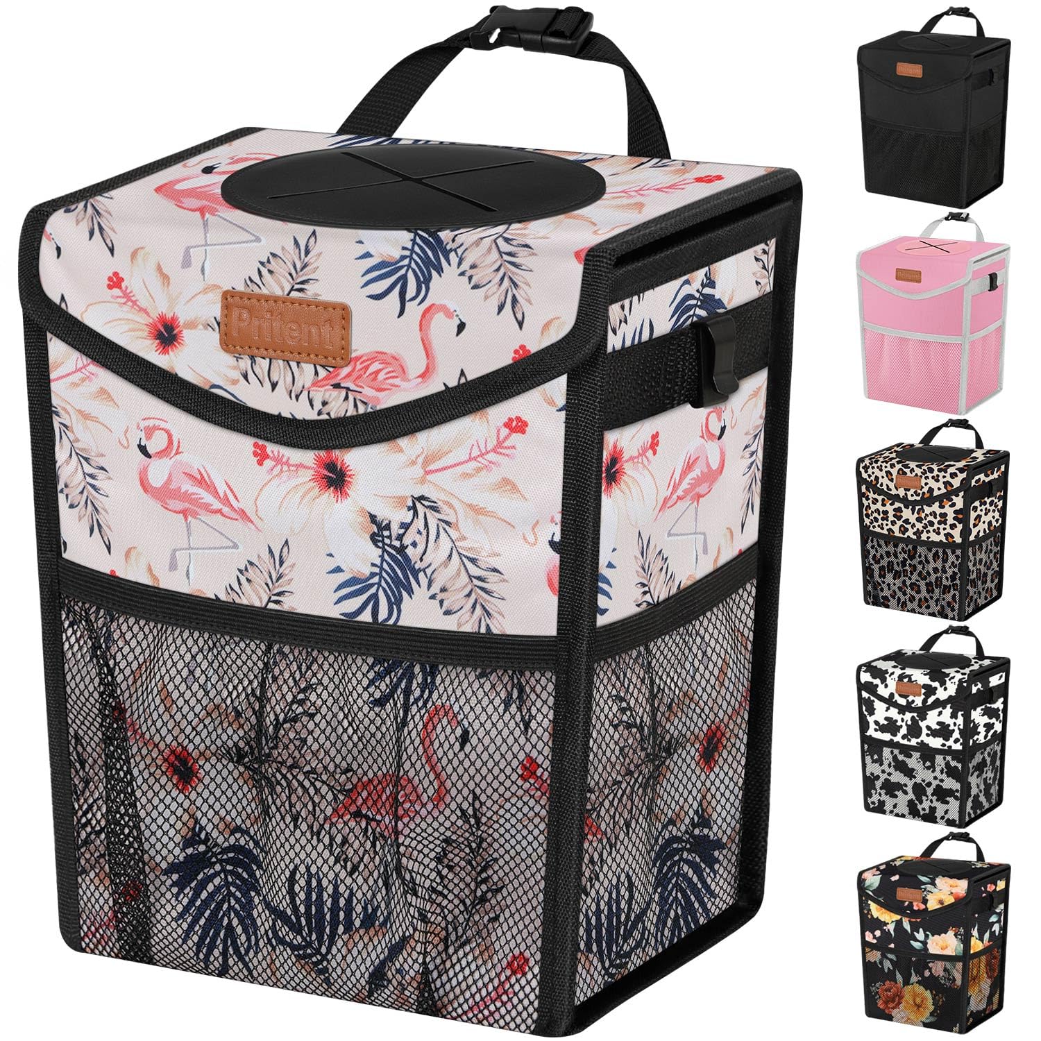 Pritent Car Trash Can With Lid, Cute Leakproof Car Trash Garbage Bag Hanging Vehicle Trash Bin Small Portable Automotive Garbage