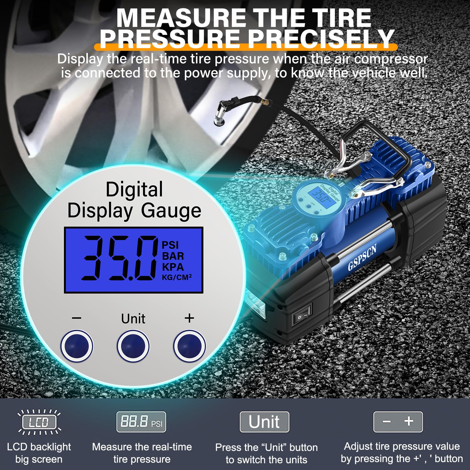 Gspscn Portable Air Compressor Pump Tire Inflator With Digital Gauge, Heavy Duty Double Cylinder 12V Tire Pump 150 Psi With Tire