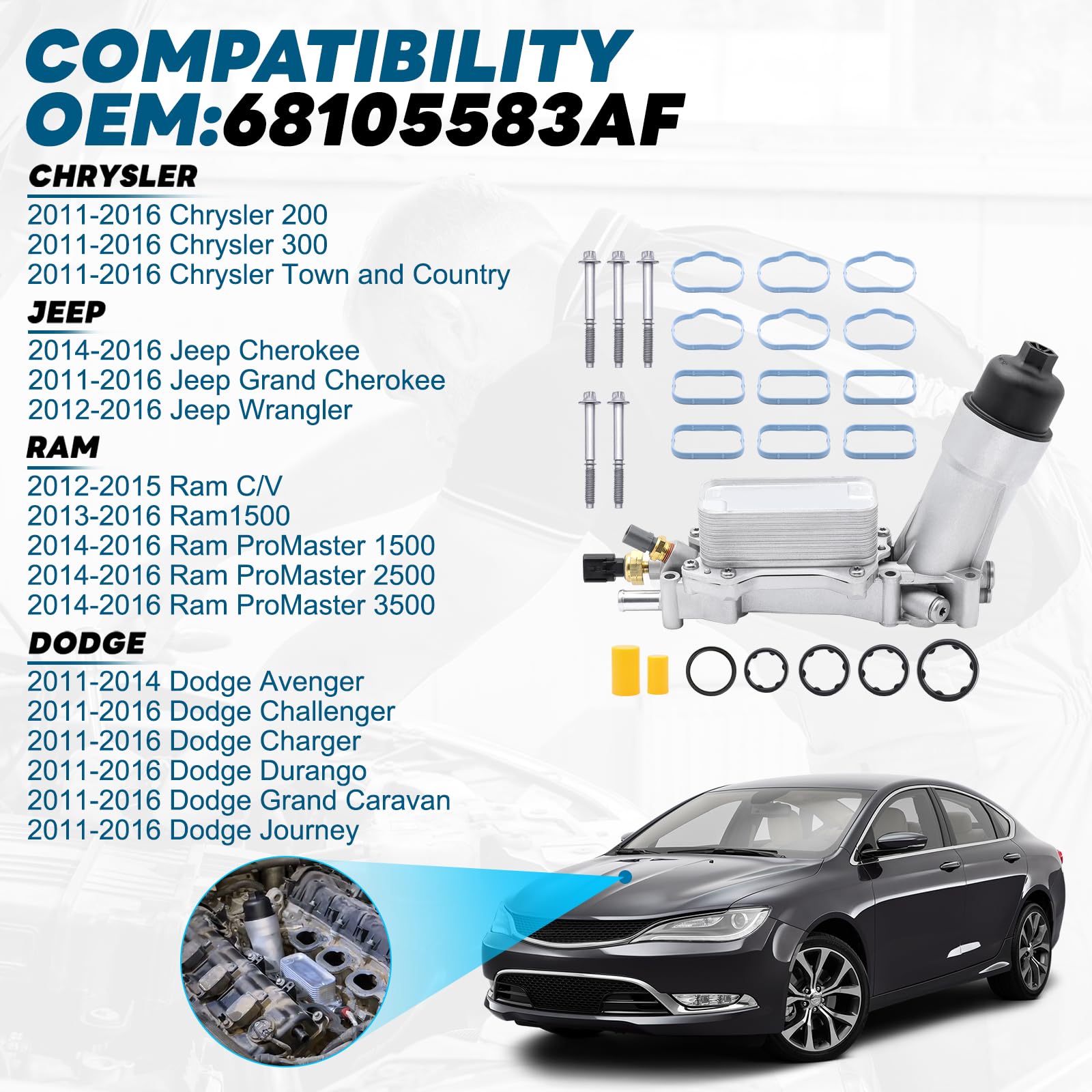 926-876 Aluminum Engine Oil Cooler, Oil Filter Housing Adapter For 2011-2016 Chrysler 200 300, Dodge Charger Challenger Journey,