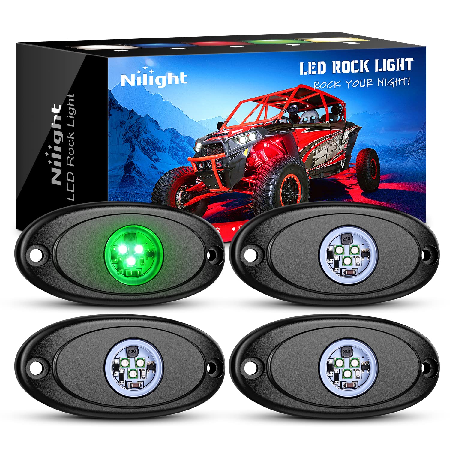 Nilight Led Rock Light 4Pcs Green Light Pods Waterproof Under Body Wheel Well Light Exterior Interior Lights For Car Truck Picku