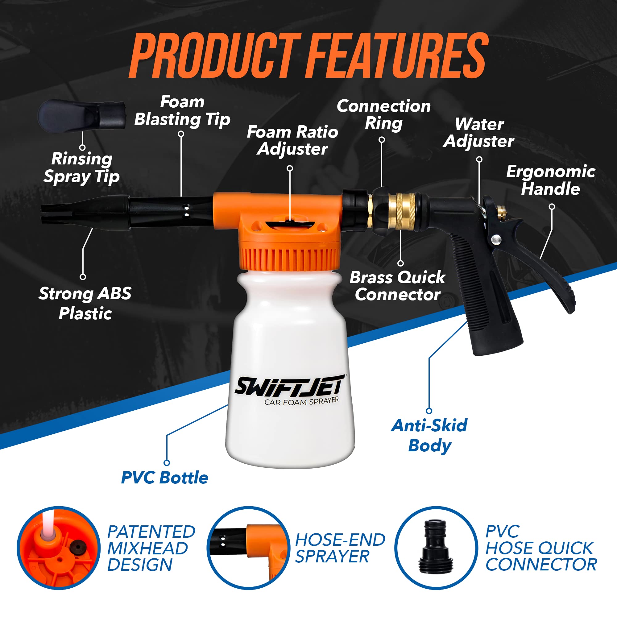 Swiftjet Car Wash Foam Gun + Microfiber Wash Mitt - Car Foam Sprayer - Foam Cannon Garden Hose - Spray Foam Gun Cleaner - Car Wa