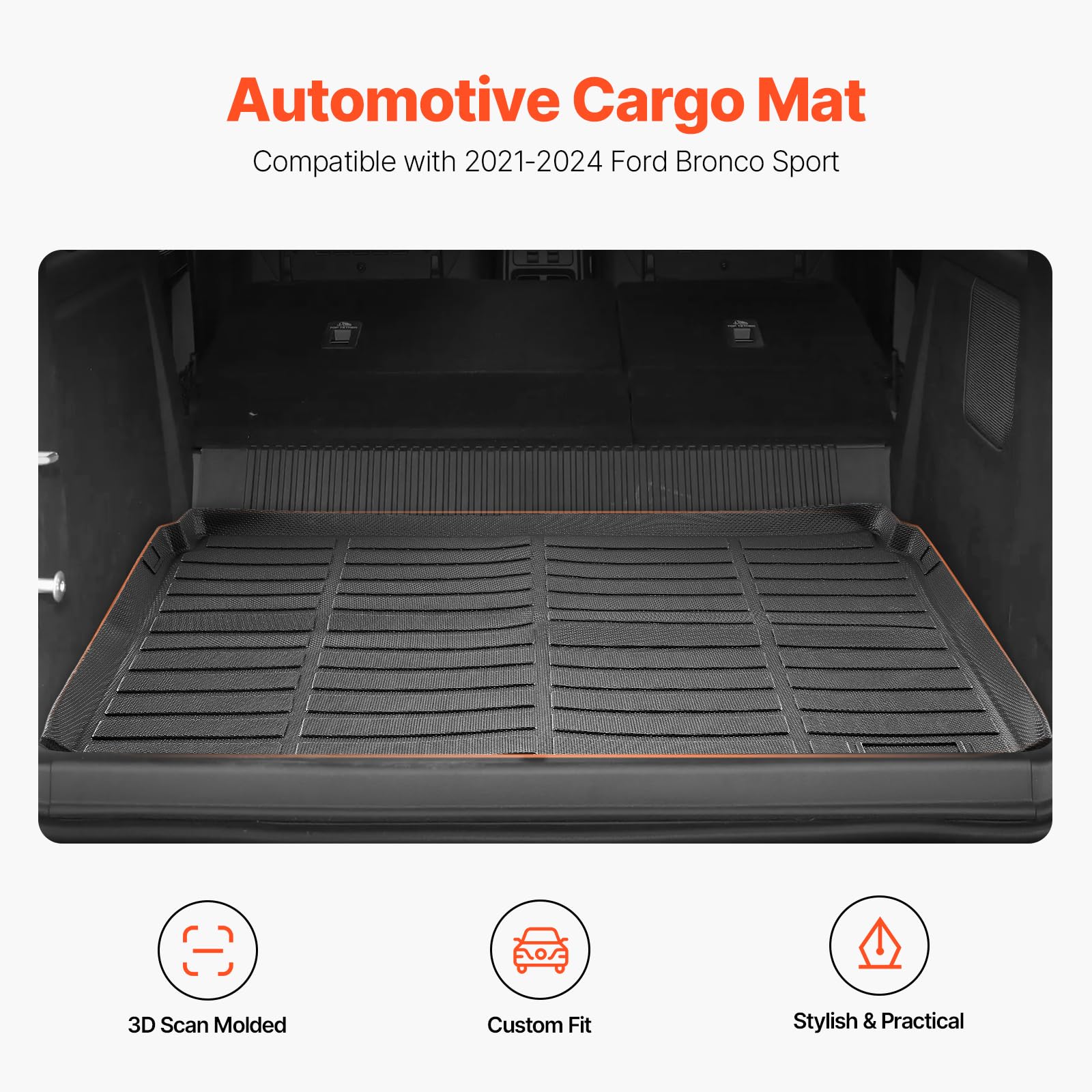 VEVOR Cargo Mat Compatible with Ford Bronco Sport 2021 2022 2023 2024, Precise Fit Trunk Mat, 3D Scanning Durable TPE Trunk Prot