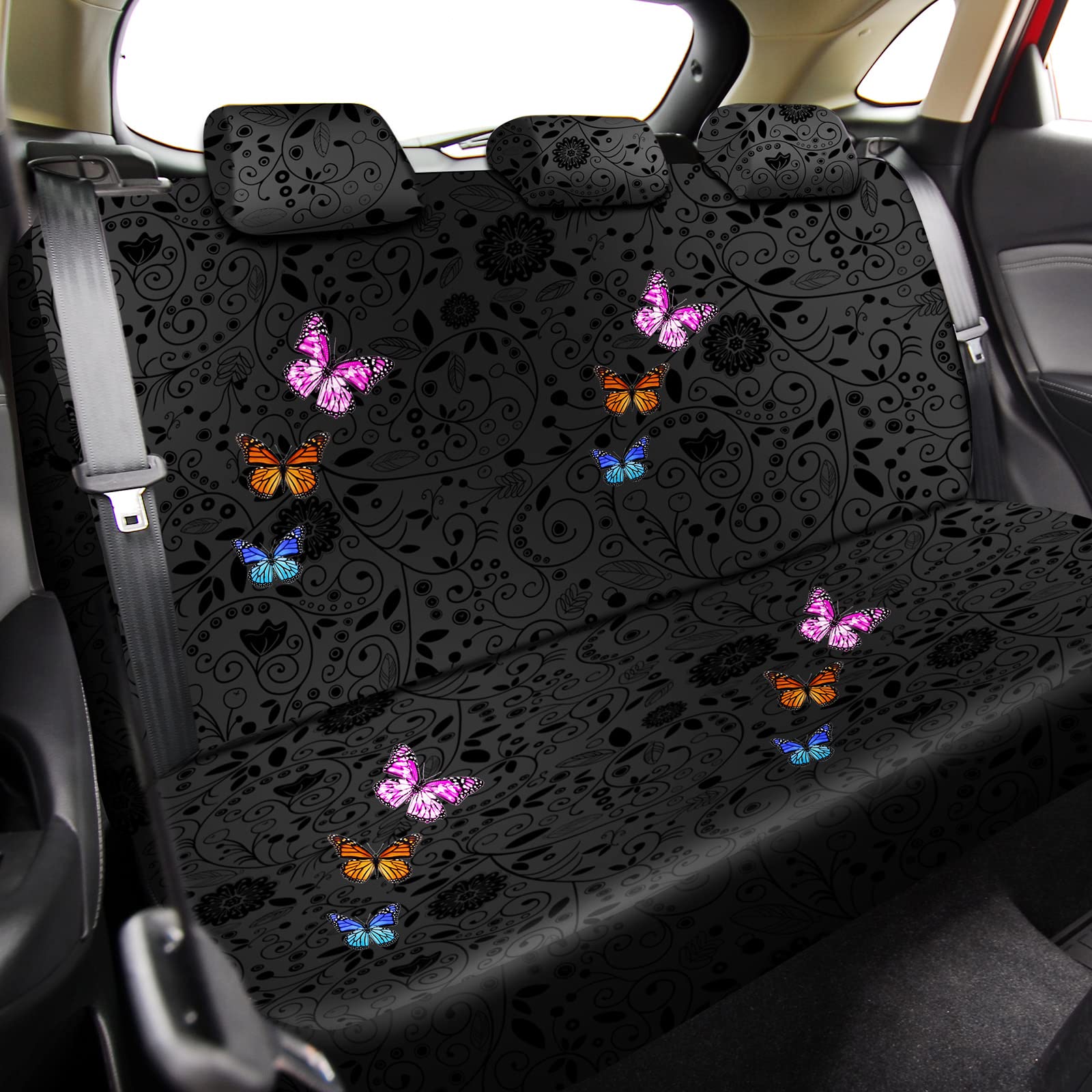 15 Pcs Butterfly Car Seat Covers Full Set for Car Front Rear Seat Covers Steering Wheel Cover Wrist Strap Coasters Armrest and S