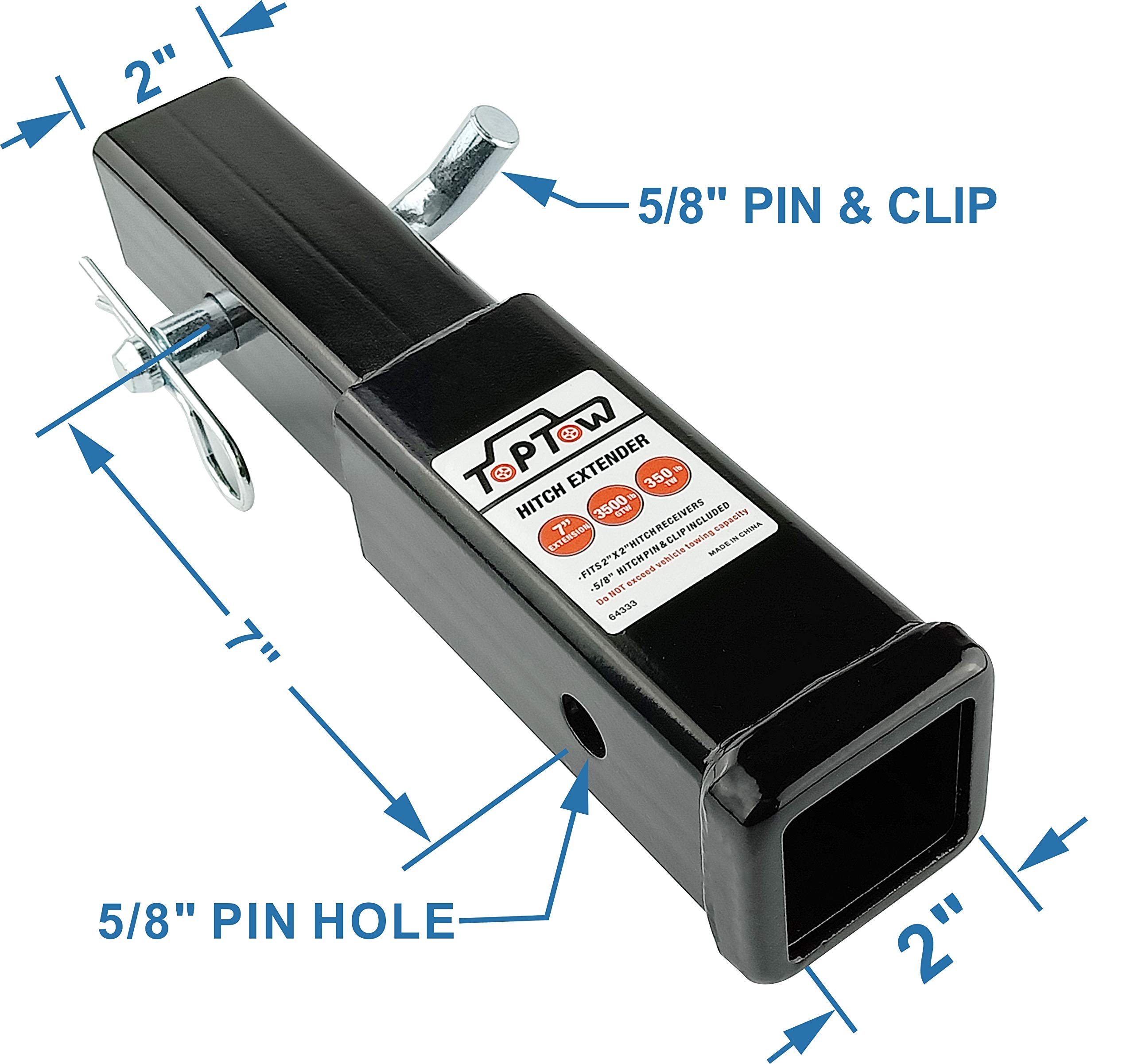Toptow Hitch Extender, Fits For 2 Inch Receiver, 7 Inch Extension Length, With 5/8 Inch Hitch Pin