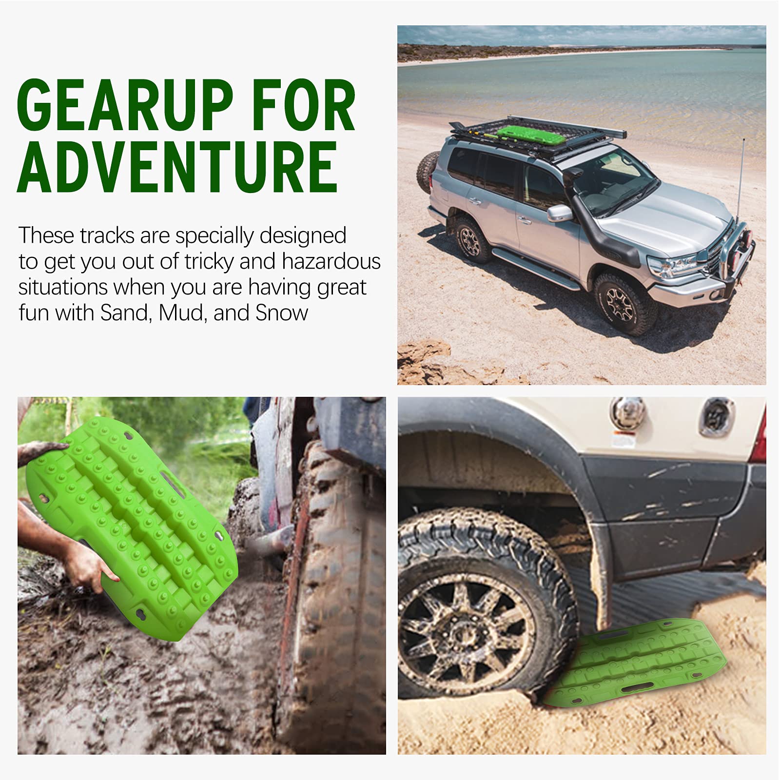 Bunker Indust Off Road Traction Boads, 2 Pcs Short Recovery Track Traction Mats For 4Wd Mud, Sand, Snow Ramps-Green Tire Traction Tool (Without Strap)