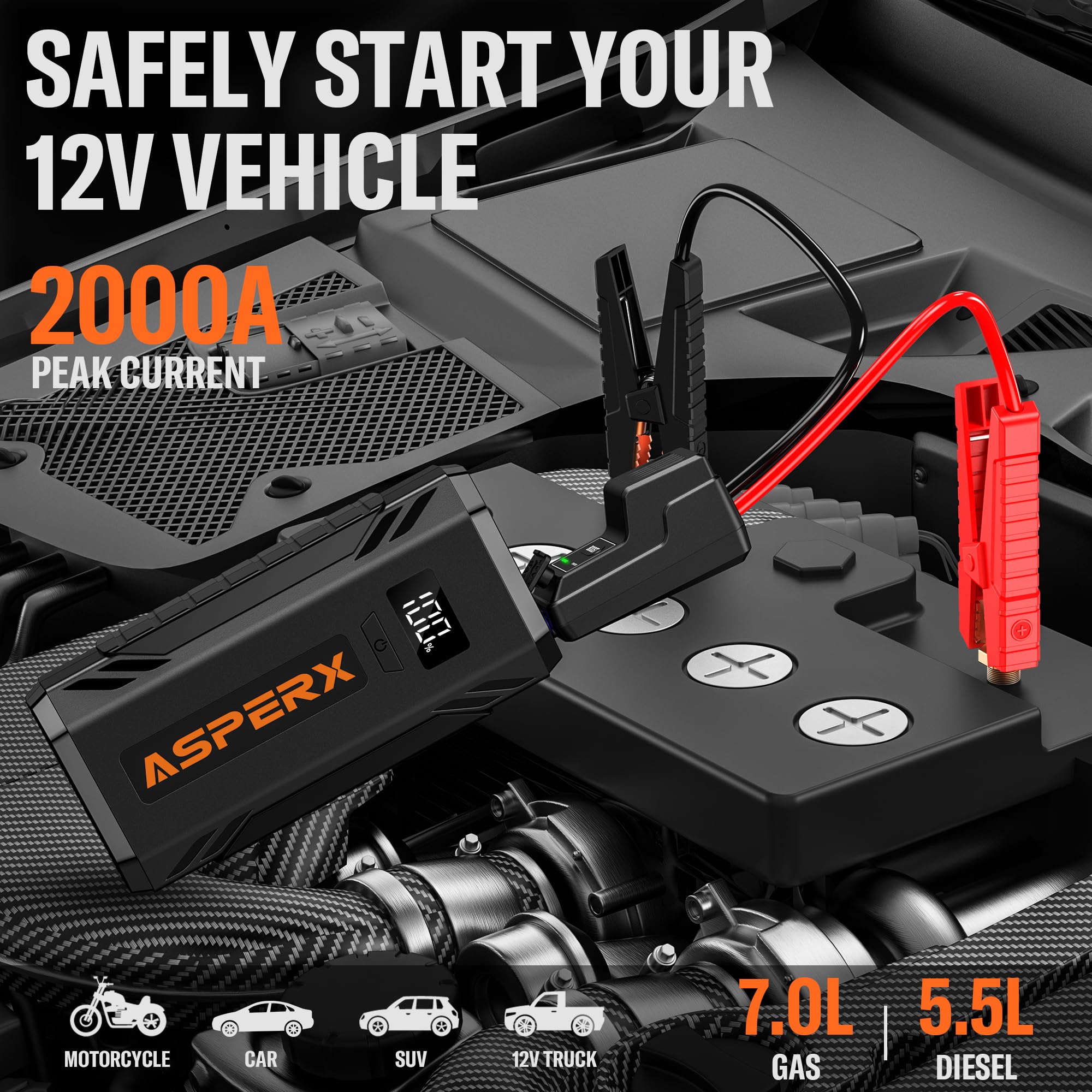 ASPERX Car Jump Starter, 2000A Peak Battery Jump Starter for Up to 7.0L Gas or 5.5L Diesel Engine, 12V Portable Battery Starter