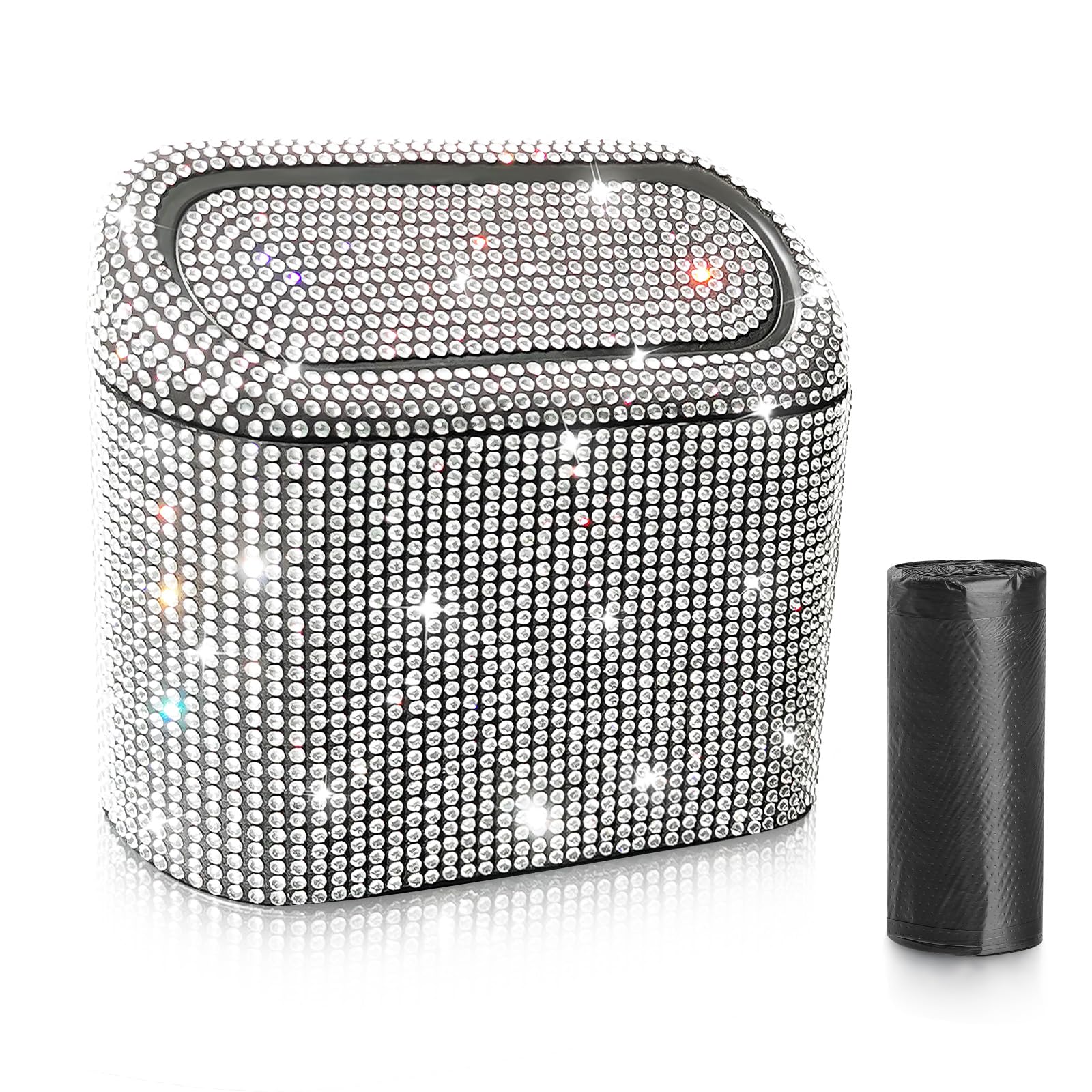 Accmor Bling Car Trash Can With 30Pcs Garbage Bags, Vehicle Trash Bin With Lid Auto Dustbin Organizer Garbage Storage, Sparkling