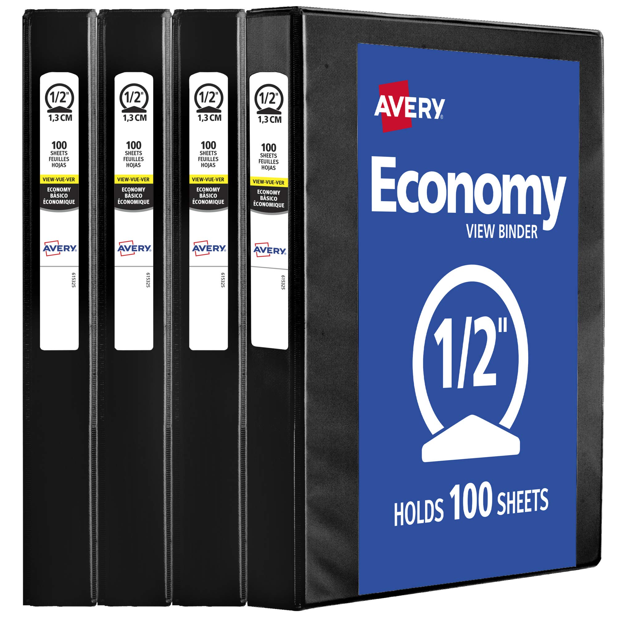 Avery Economy View 3 Ring Binders, 0.5'' Round Rings, 100-Sheet Capacity, Black, 4 Pack (17701)