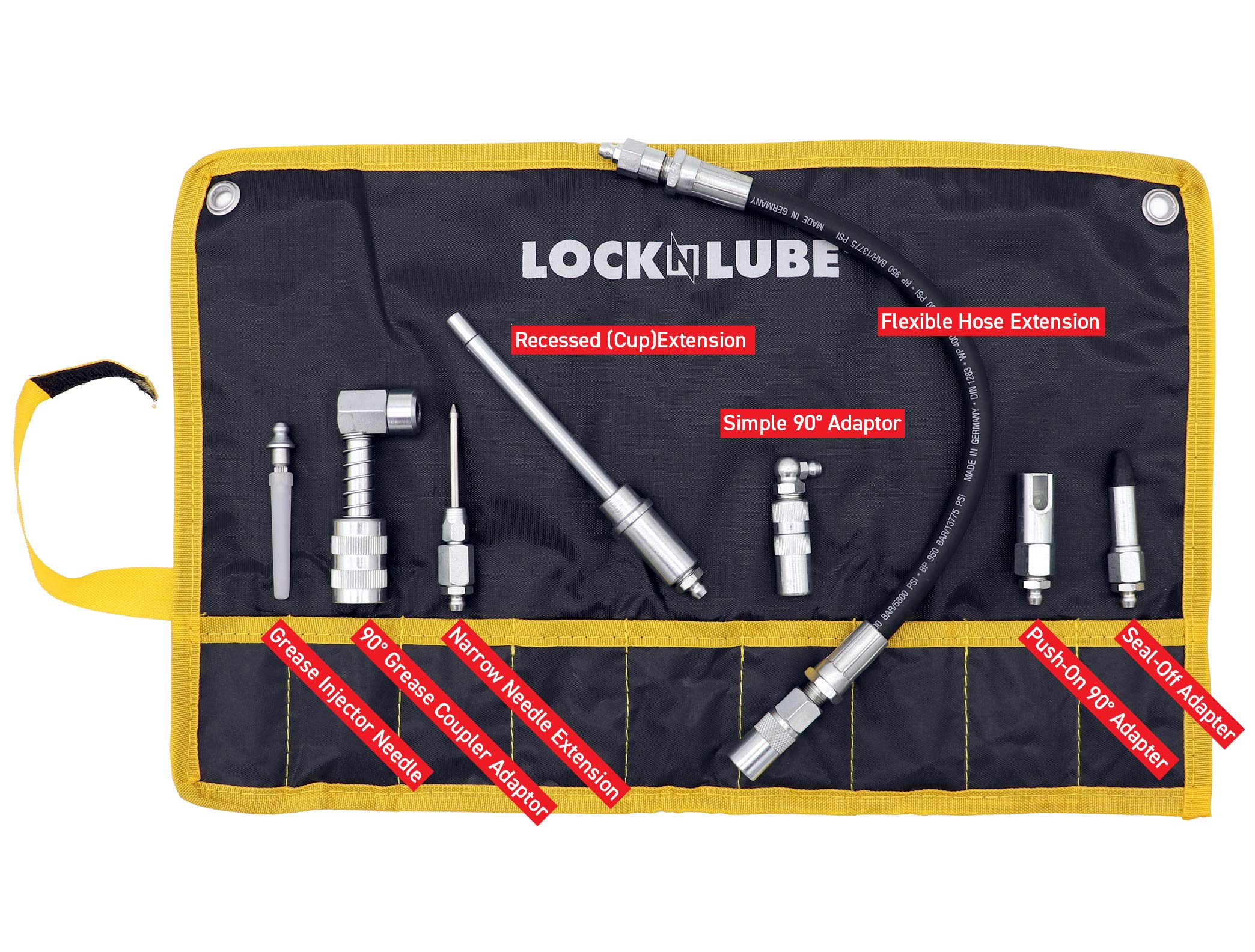 Locknlube 8-Piece Quick Connect Greasing Accessory Kit. Complete Grease Fitting Connection Kit. Reach Any Grease Fitting On Any Machine. The Rip-Stop Case Keeps Tools Clean And Portable.