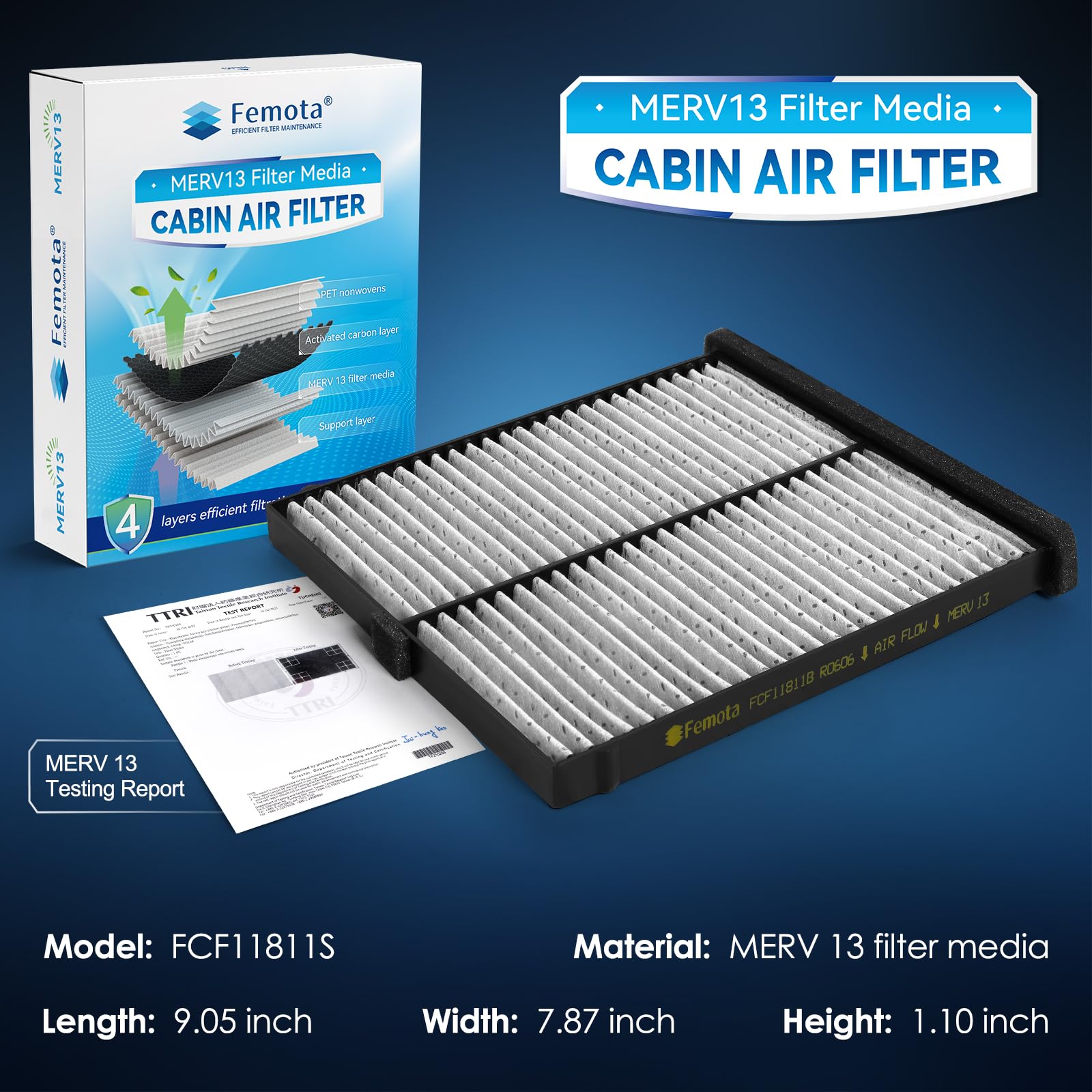 Femota Tested MERV 13 Cabin Air Filter with Activated Carbon, CF11811 for Mazda 3 (2014-2018), Mazda 6 (2014-2021), Mazda CX5 (2