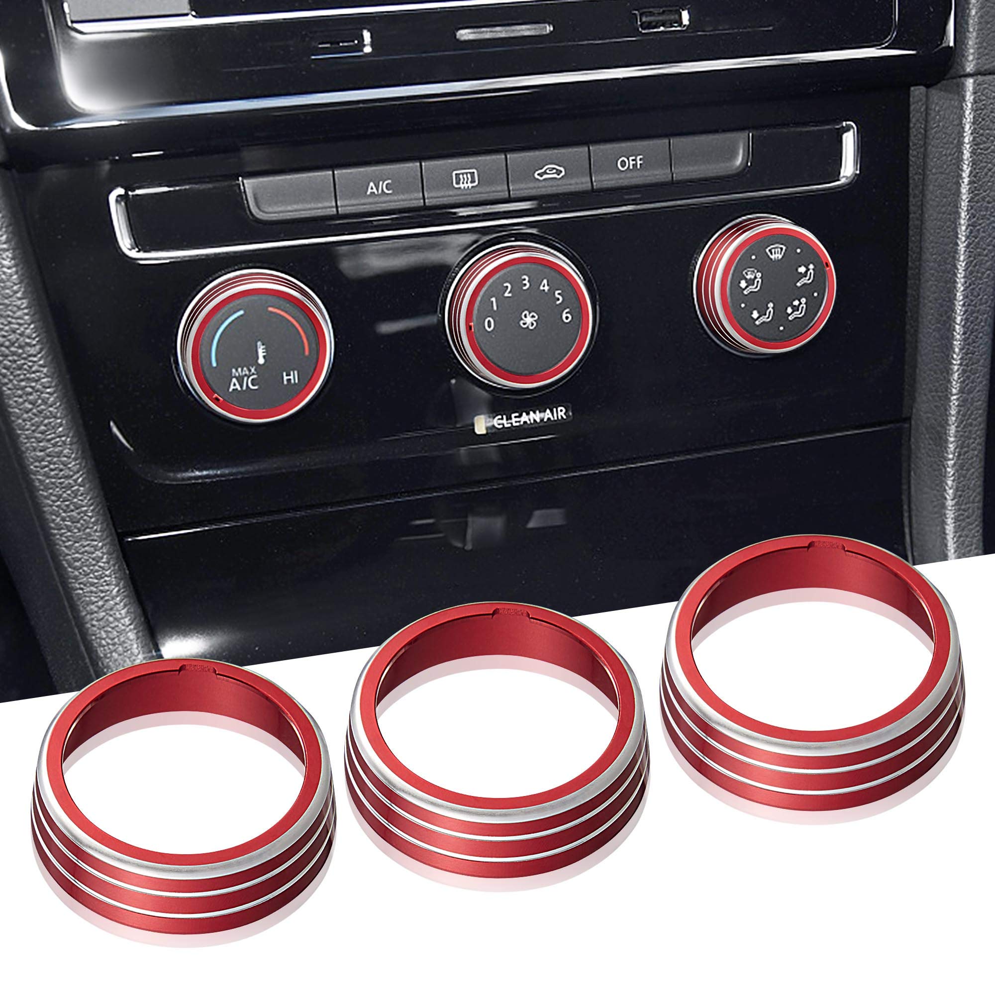 Tomall 3Pcs Aluminum Centre Console Cover Compatible With Volkswagen Mk7 Golf Gti 2015 2016 2017 2018 2019 2020 Ac Air Conditioning Knob Button Cover Trim Decoration Ring (Red)