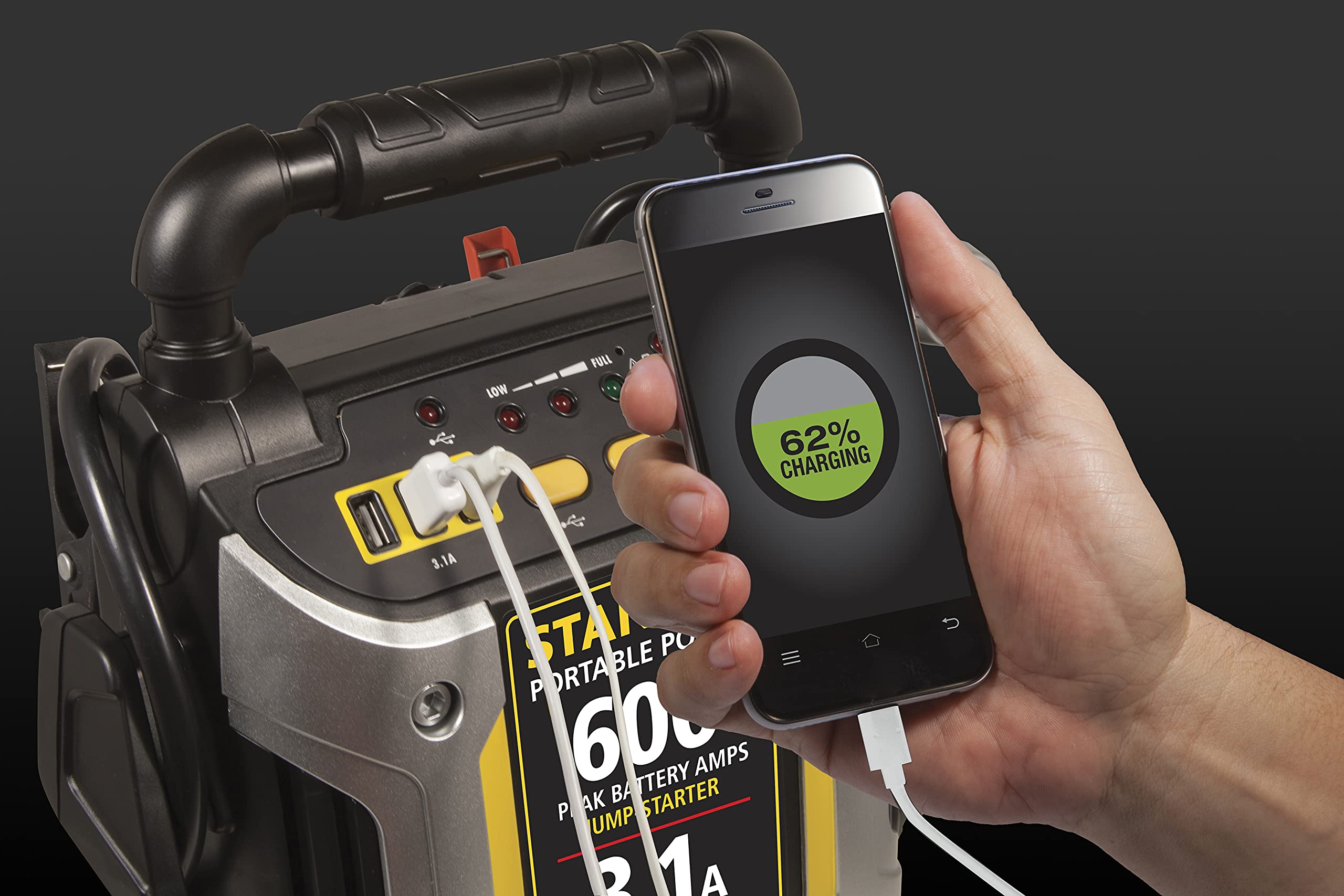 Stanley J309 Portable Power Station Jump Starter 600 Peak Amp Battery Booster, 3.1A Usb Ports, Battery Clamps