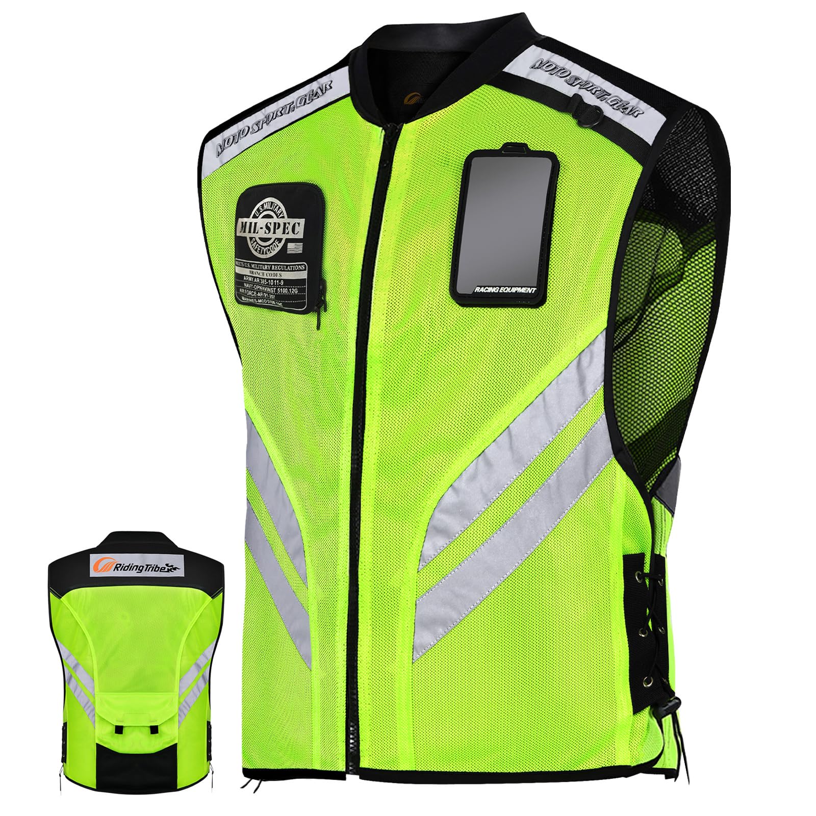 HONTIUS Motorcycle Vest Police Traffic Ride Safer Travel Safety Reflective Biker Vest for Men Women with Pockets Green XXL