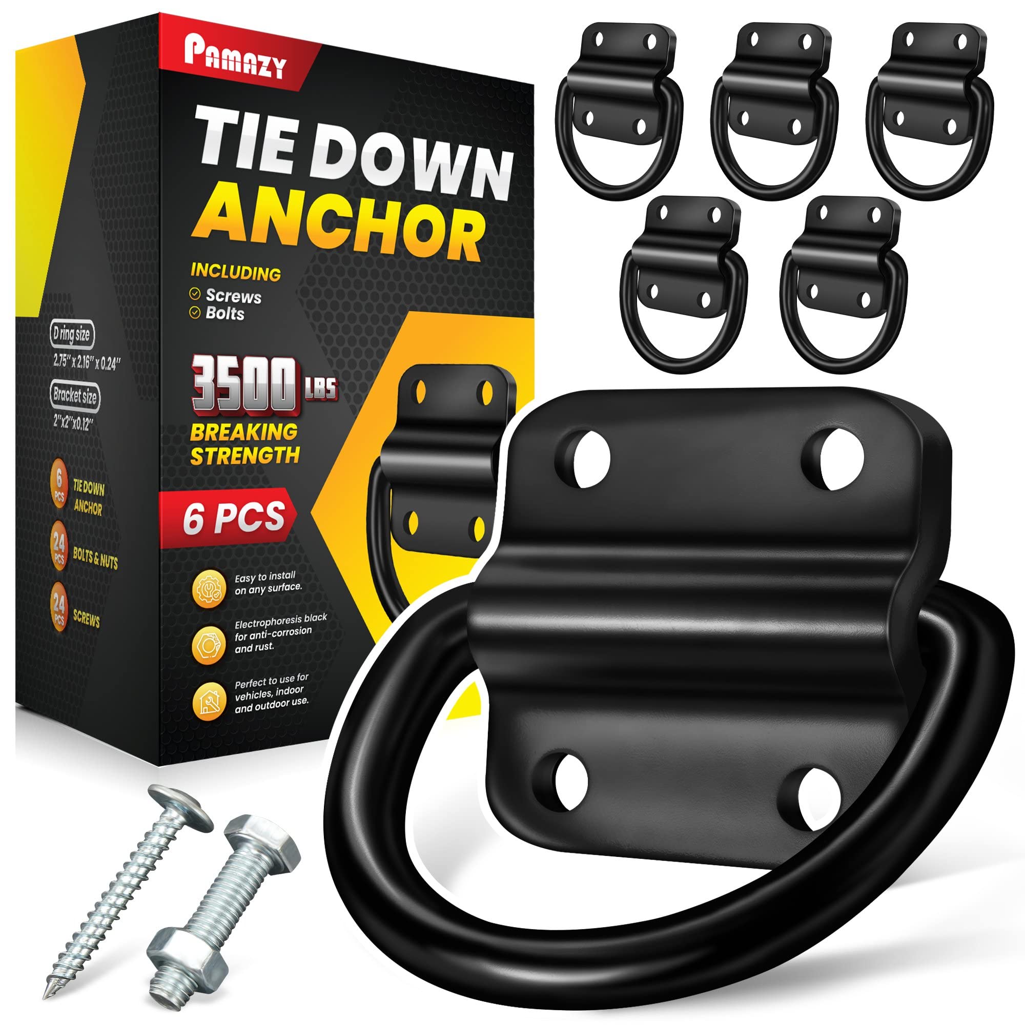 Pamazy 6Pcs Heavy Duty Steel D Rings Tie Down Anchors, Ultra Durable 3500 Pound Breaking Strength Surface Mount Hooks Securing C