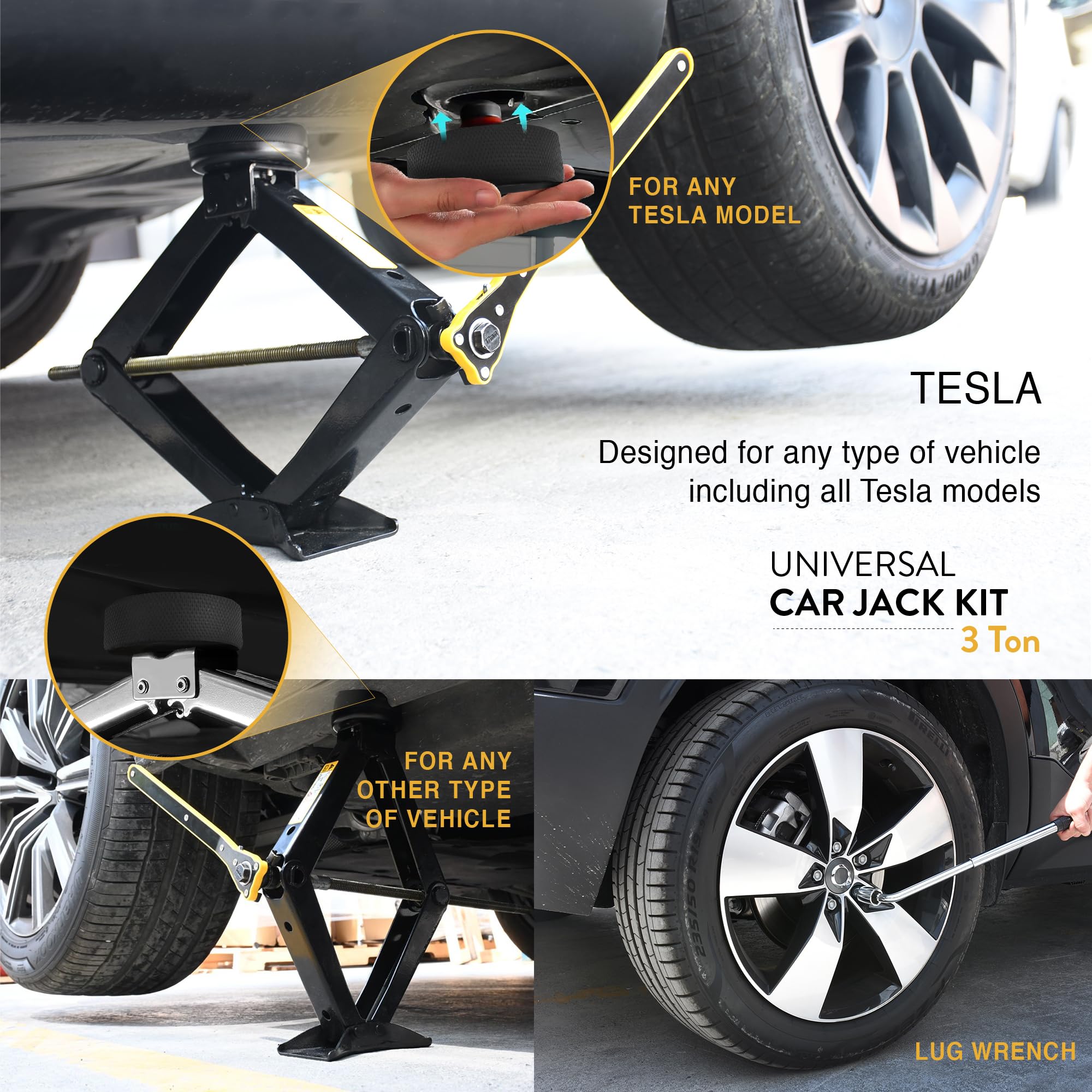 Car Jack Kit With Tesla Pad & Universal Rubber Pad | Scissor Jack For Car 3 Ton (6,600 Lbs) - Tire Jack Tool Kit | Portable, Ide