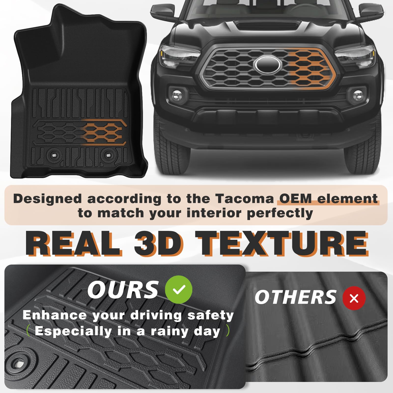 Triplealiners Floor Mats All Weather Compatible With 2018-2023 Toyota Tacoma Accessories Double Cab Front & Rear Custom Fit Tpe