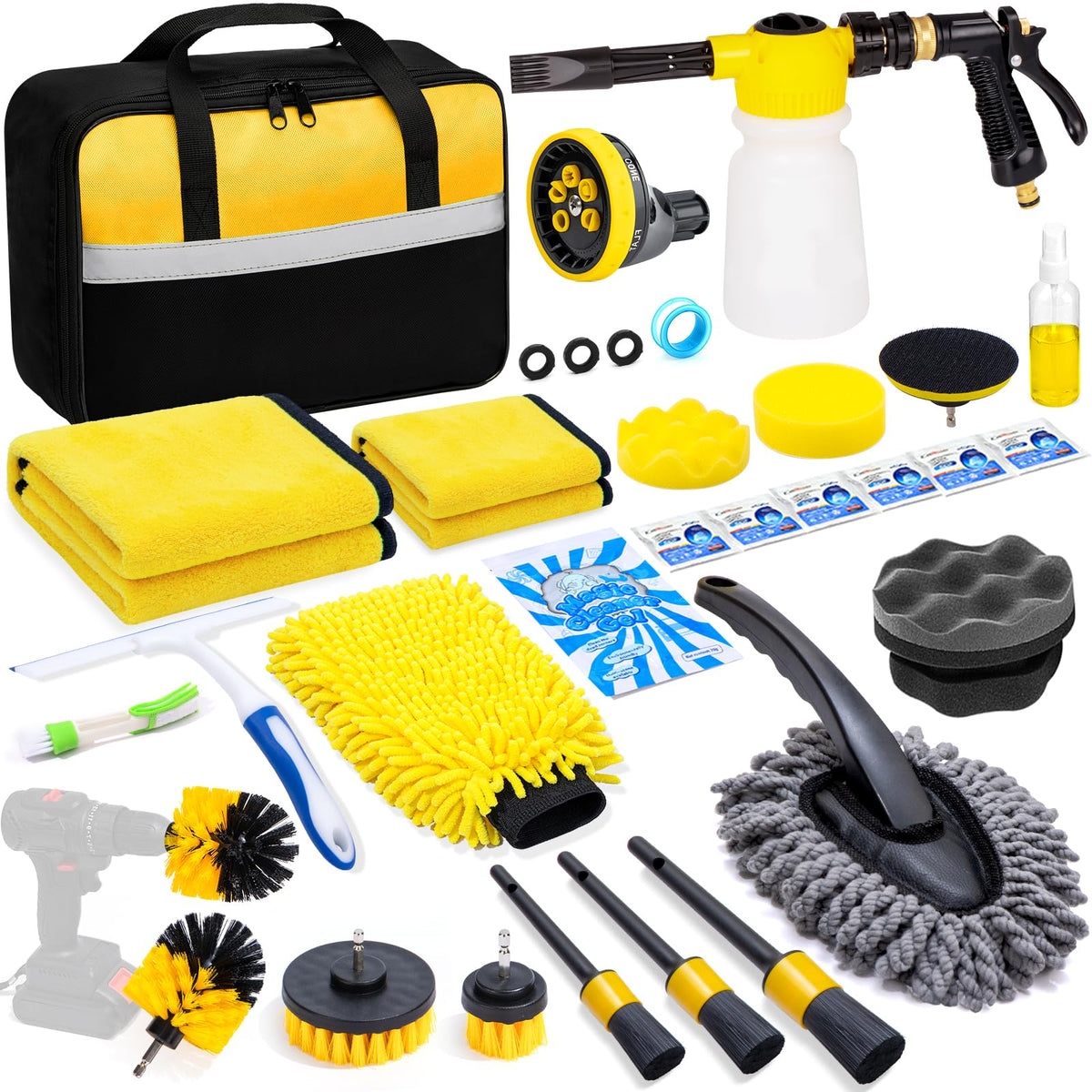 YJUSMAK 26Pcs Car Wash Cleaning Kit with Foam Gun - Tire Polishing Applicator Pad, Car Detailing Kit for Cars, Trucks, SUVs, Jee