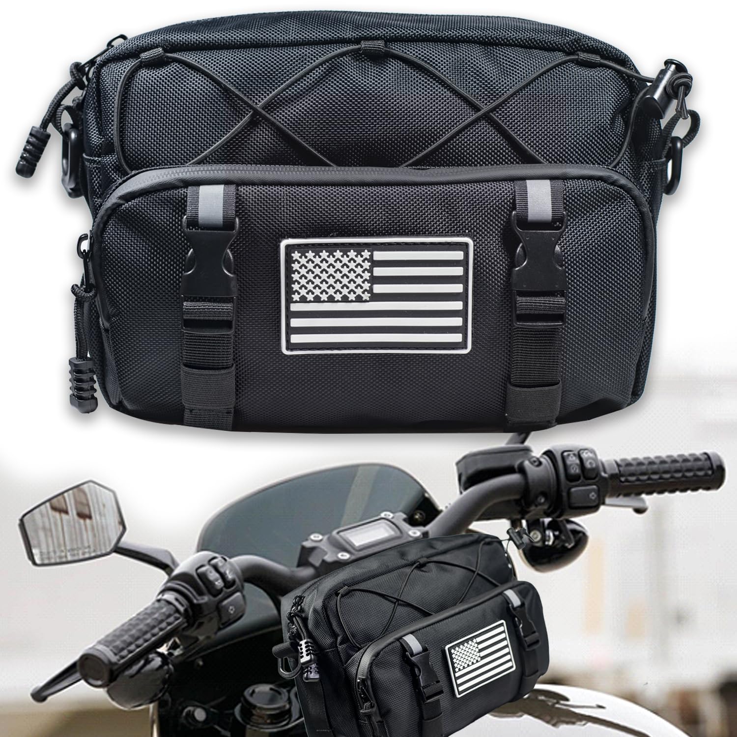 Universal Motorcycle Bag, Black Motorcycle Handlebar Bag, American Flag 1680D Water-Resistant Tool Bag Fork Bag Sissy Bar Bag Fo