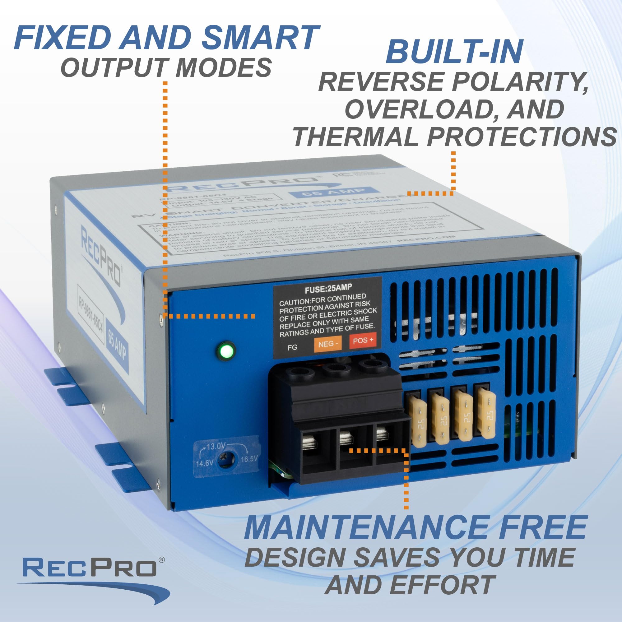 Recpro Rv Converter 65 Amp | Rv Power Converter & Battery Charger | 4 Stage Smart Charging | 120Vac To 12Vdc | 13V To 16.5V Oper