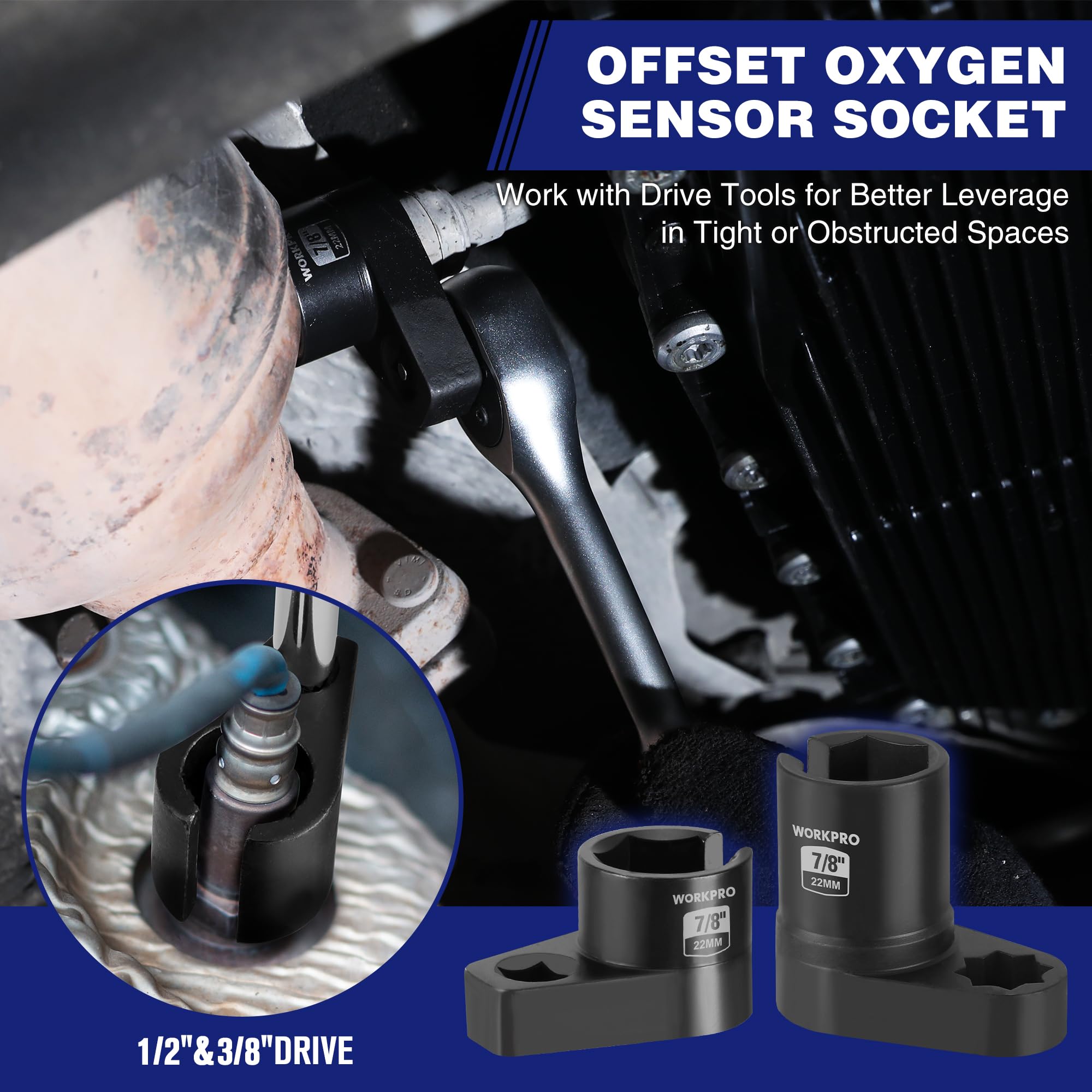 Workpro 6Pcs O2 Oxygen Sensor Socket, Automotive 3/8'' 1/2'' Drive X 1-1/16'' 7/8'' 27Mm 22Mm O2 Sensor Socket Removal Tool And