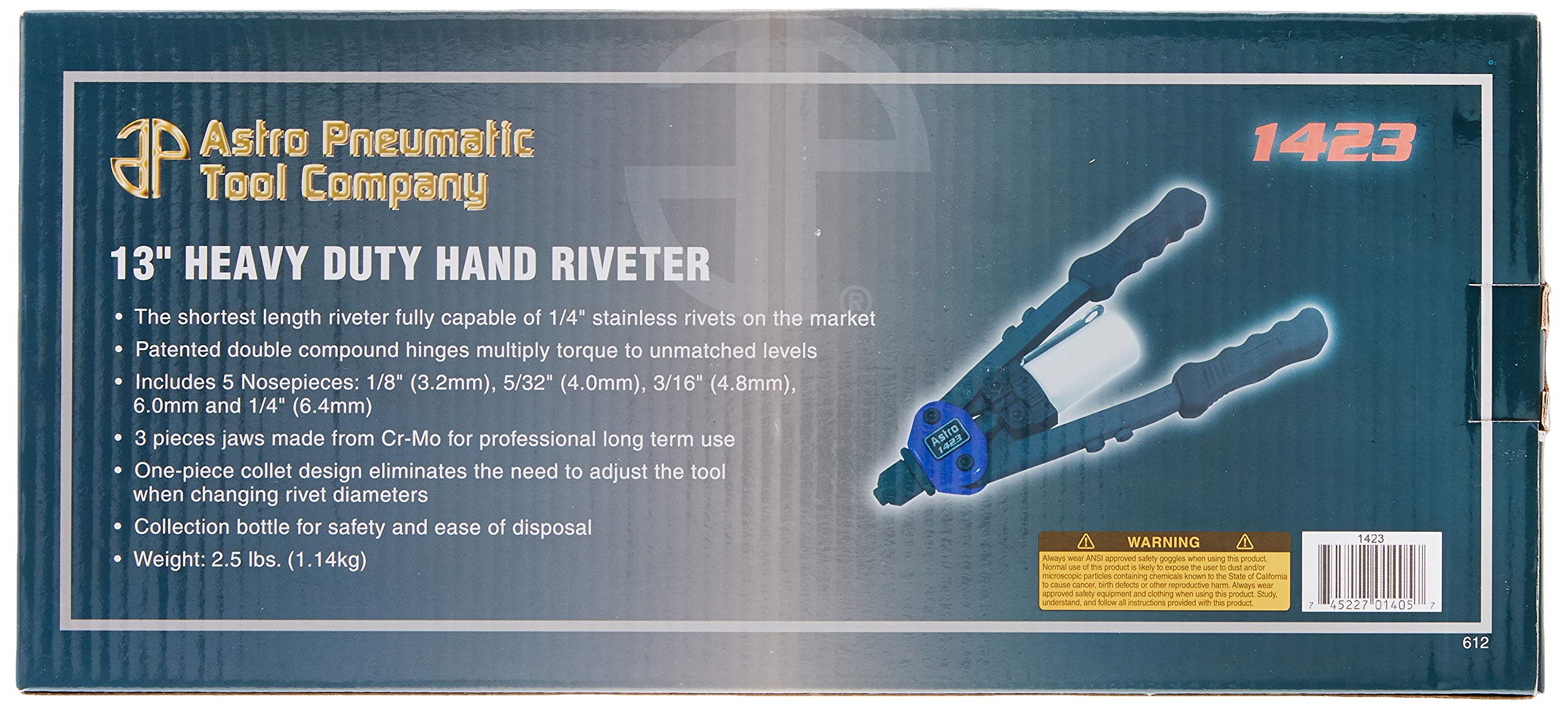 Astro Pneumatic Tool 1423 1/4 Heavy Duty Hand Riveter - 13 Long, Durable Construction for Professional Use
