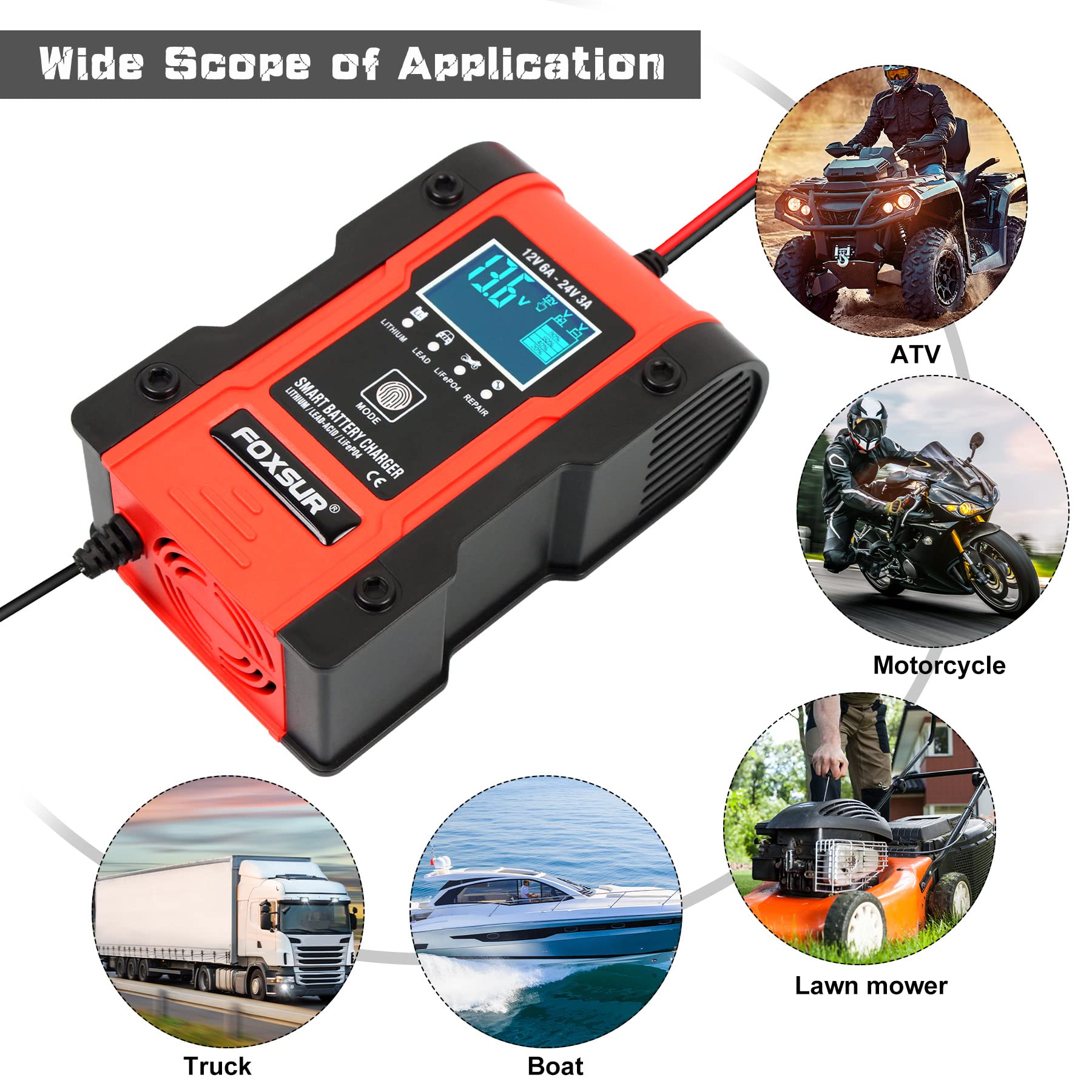 Ieik Automotive Battery Charger 12V 6A - 24V 3A Multi-Function Smart Charger Maintainer For Car, Truck, Motorcycle, Lawn Mower, Boat, Atv, Lithium, Lifepo4, Lead-Acid, Deep Cycle Battery Charger
