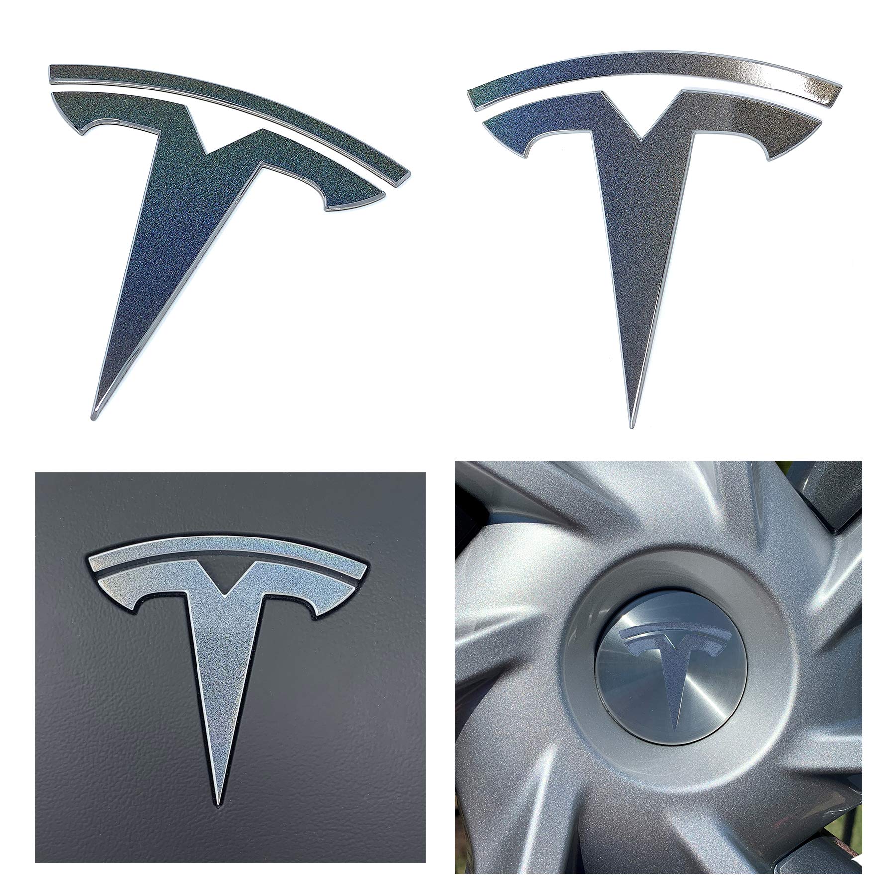 Logo Decal Wrap for Tesla Model Y, 11-pc Set (Gloss Flip Psychedelic - Silver/Rainbow)