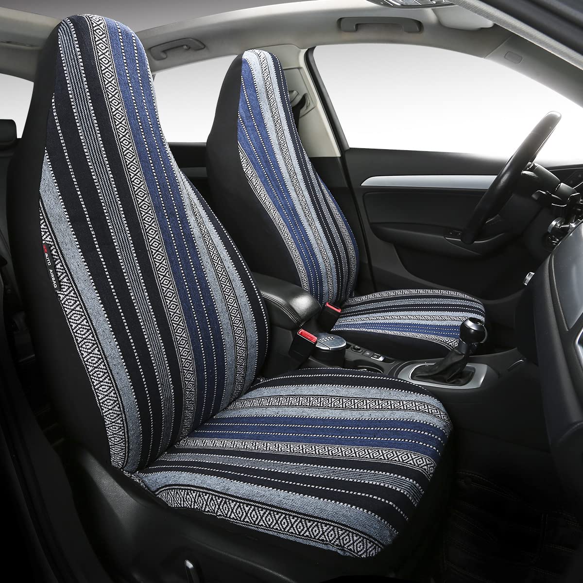 PONYJOYUP Baja Saddle Blanket Car Seat Covers 2PCS Front, Breathable and Washable Striped Woven Automotive Vehicle Seat Cover, U