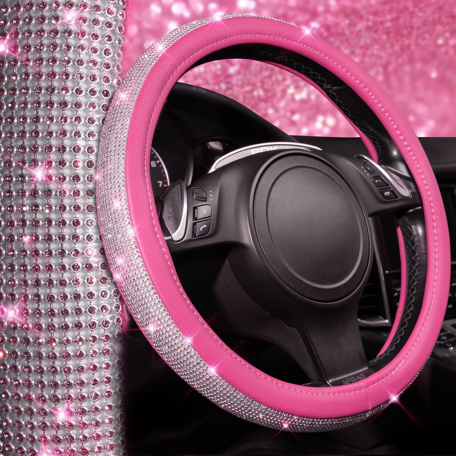 Car Pass Diamond Pink Leather Steering Wheel Cover, With Bling Crystal Rhinestones Universal Fit 14 1/2-15 Crystal Glitter For Women Sparkle Girl Fit Suvs,Vans,Sedans,Cars,Trucks, Pink Diamond