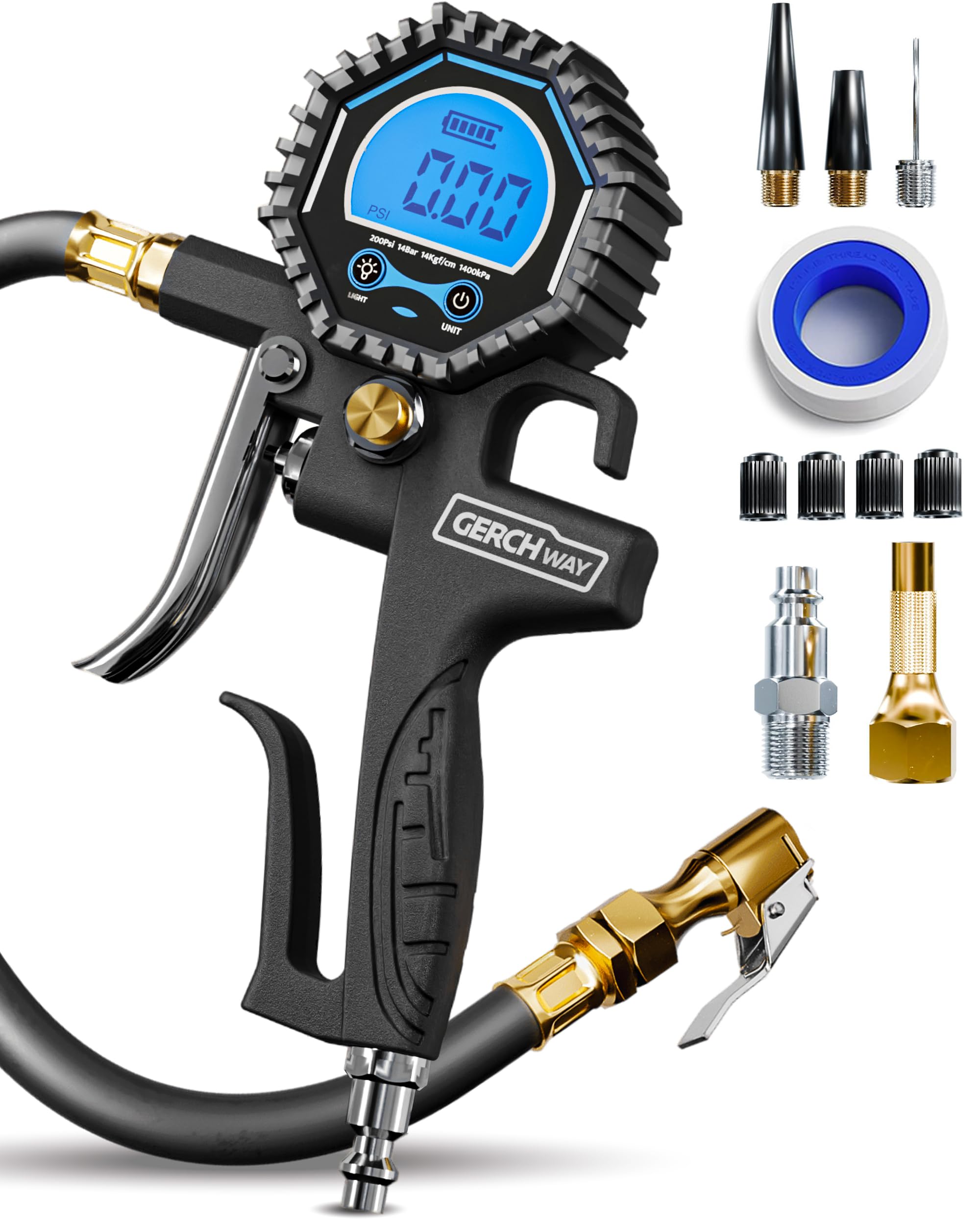GERCHWAY Digital Tire Pressure Gauge with Inflator -200 PSI, Heavy Duty Air Chuck & Compressor Attachments for Car, Truck & SUV
