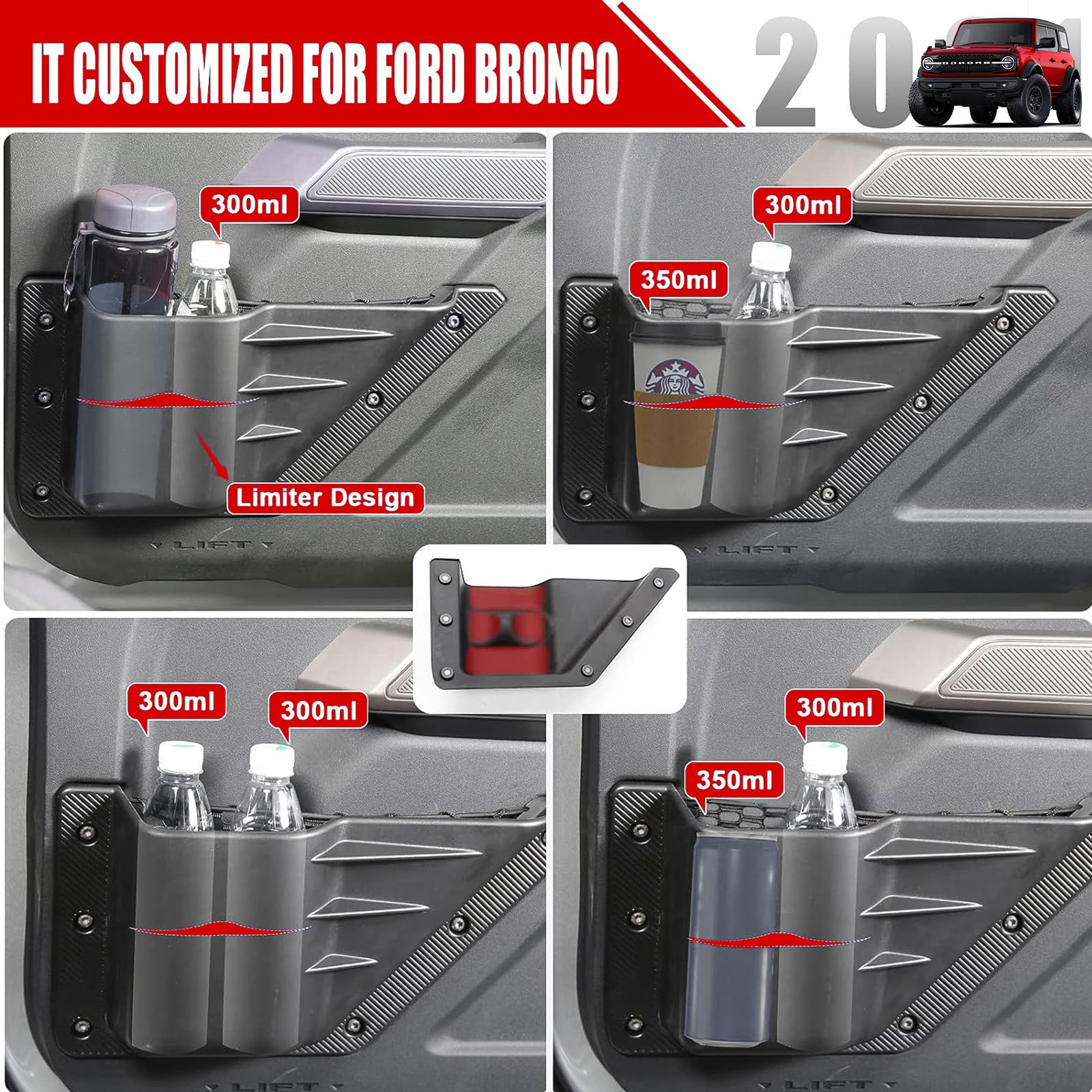 Mabett Front Door Storage Pockets for Ford Bronco 2021-2024, 2PCS Cup Holder Organizer, Durable ABS, Fits 2/4-Door Models
