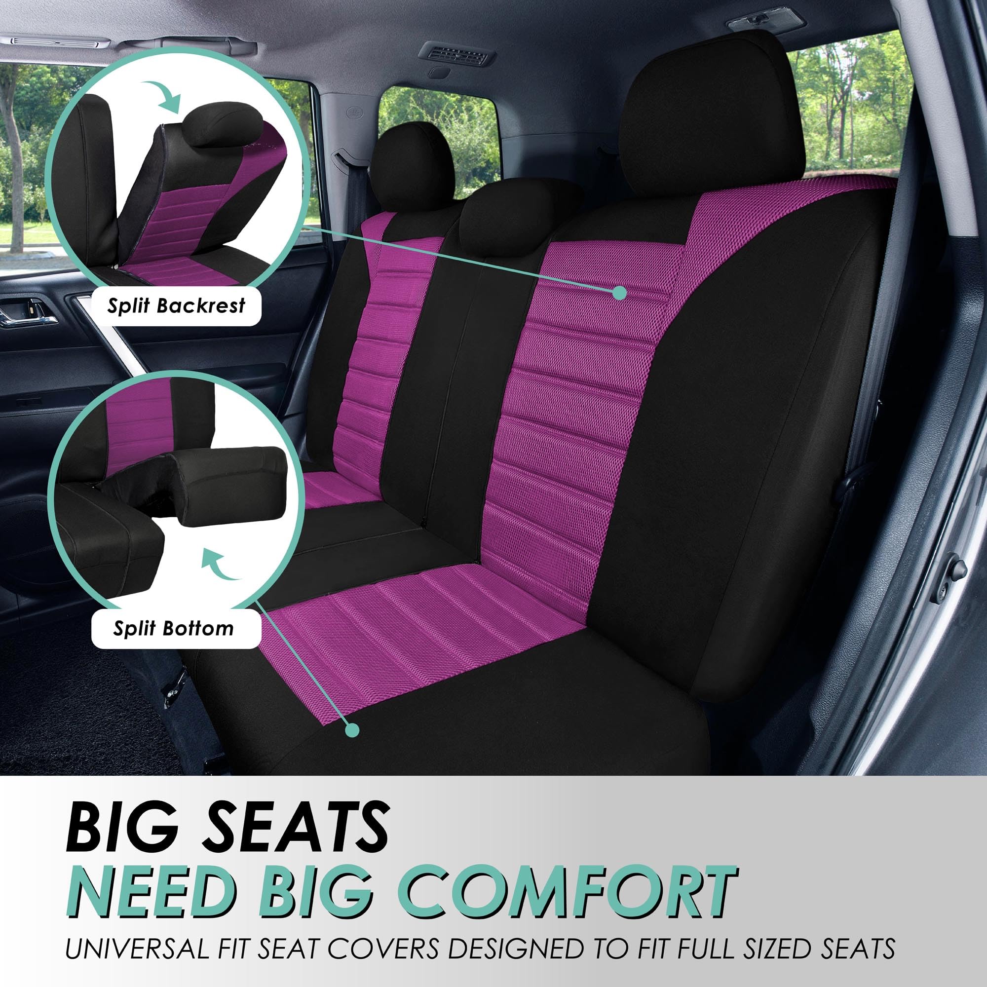 Fh Group Automotive Car Seat Covers Full Set Premium 3D Air Mesh Purple And Black Seat Covers, Airbag Compatible And Split Bench