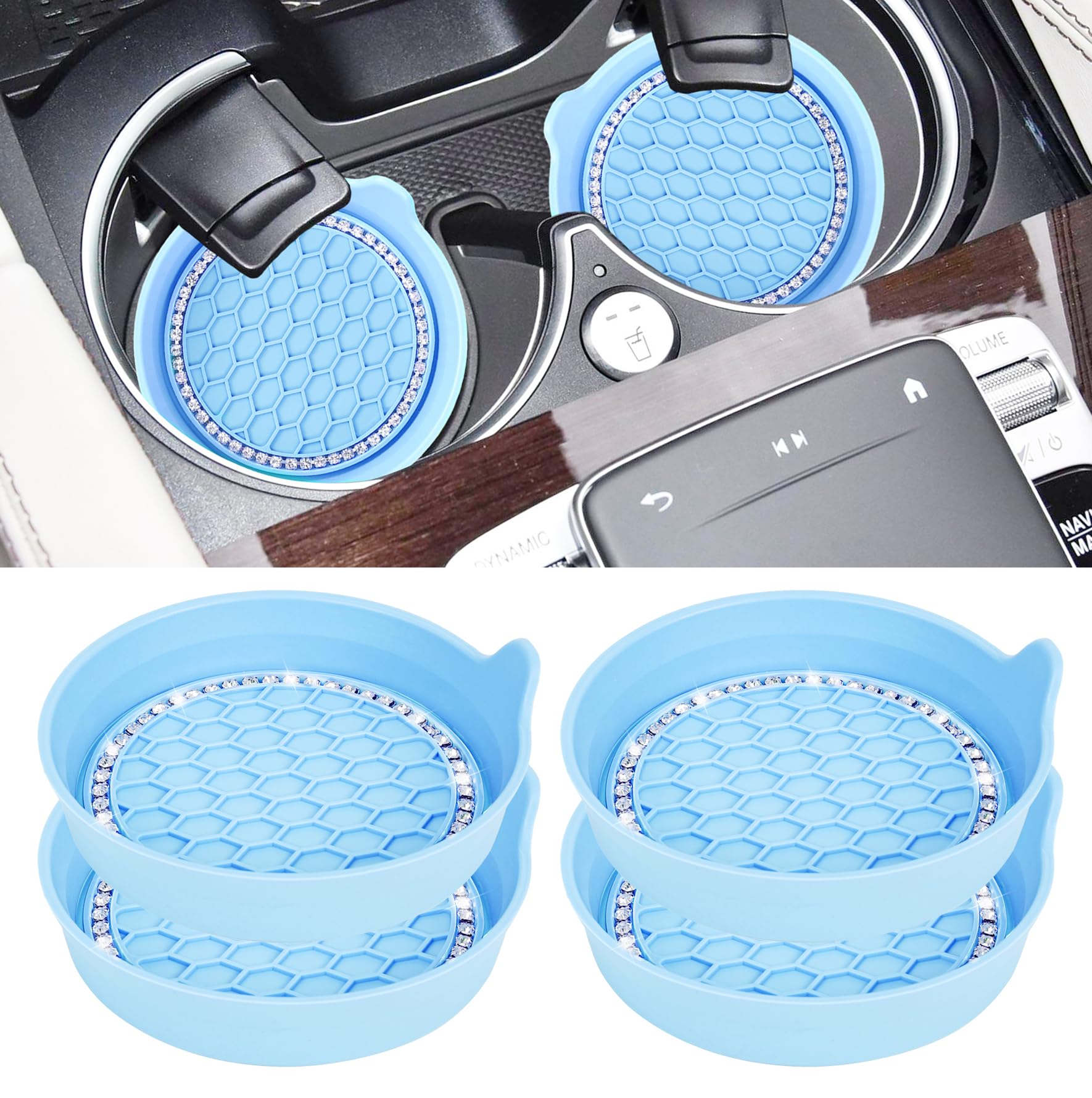 Amooca Car Cup Coaster Universal Non-Slip Cup Holders Bling Crystal Rhinestone Car Interior Accessories 4 Pack Light Blue