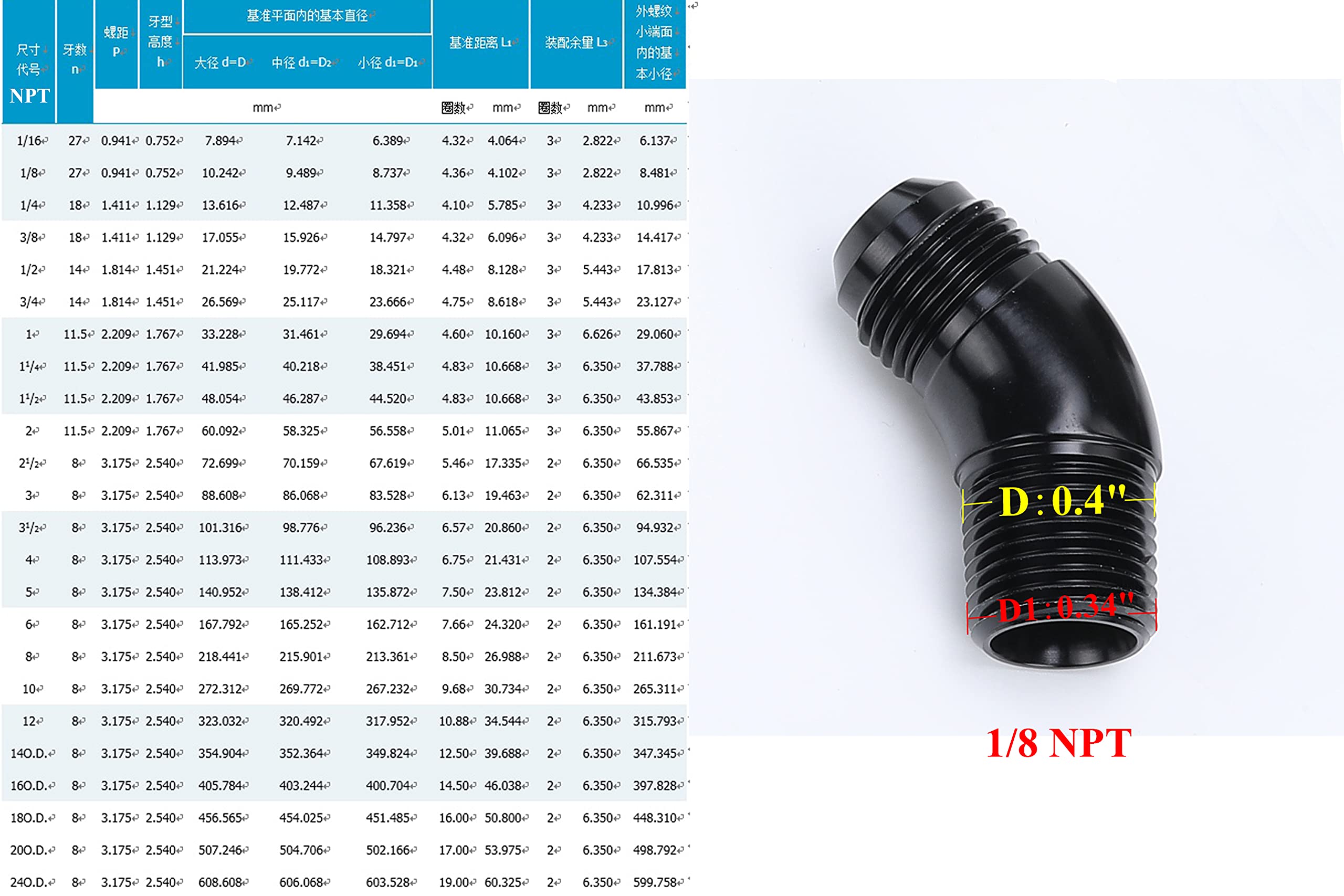 AC PERFORMANCE 45 Degree Elbow One Piece Full Flow -4 AN to 1/8 NPT Forged Male Flare Coupling Union Fitting Aluminum Black
