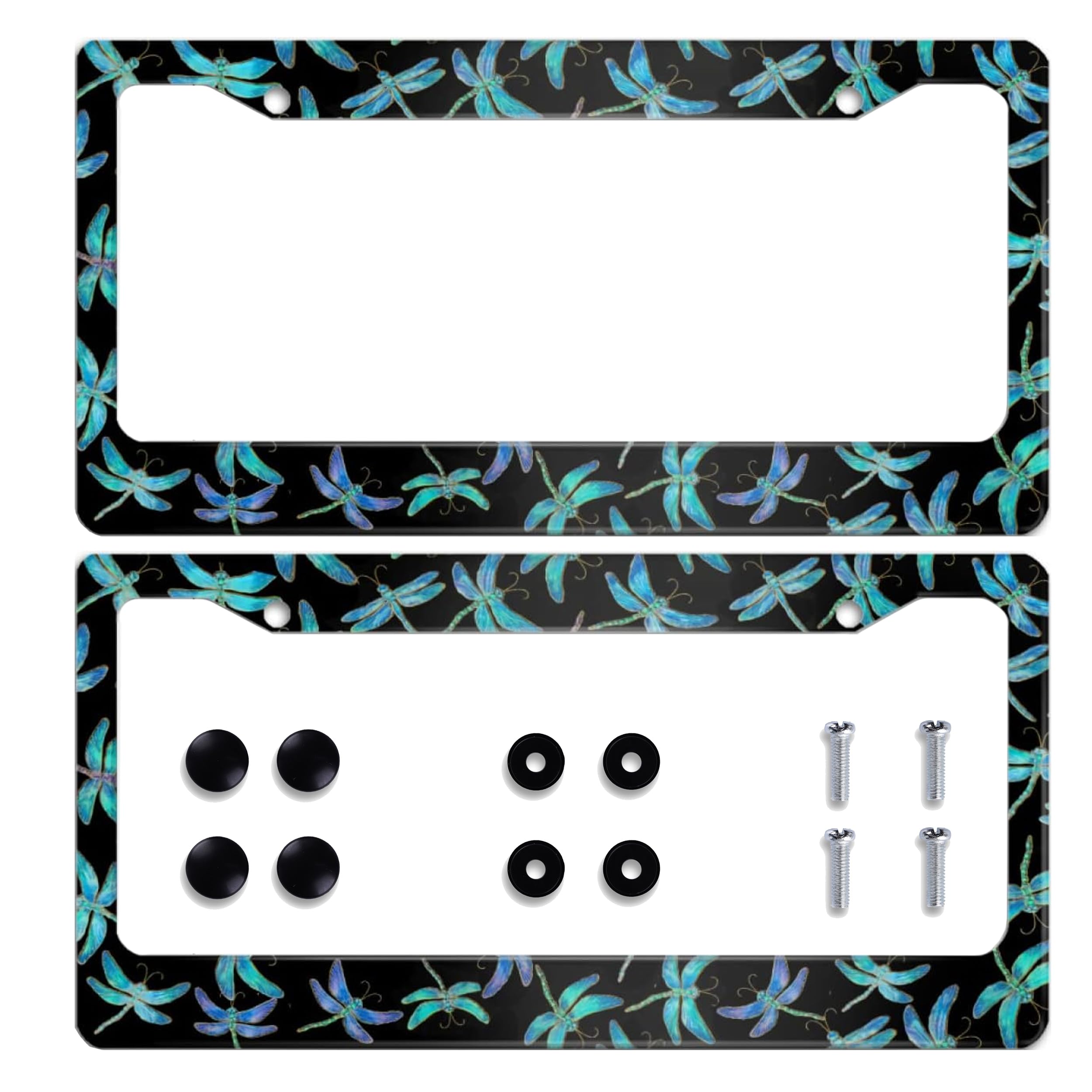 Personalized 2 Pack Beautiful Dragonfly Insects Flying License Plate Frame Stainless Steel Car License Plate Accessory Decorativ