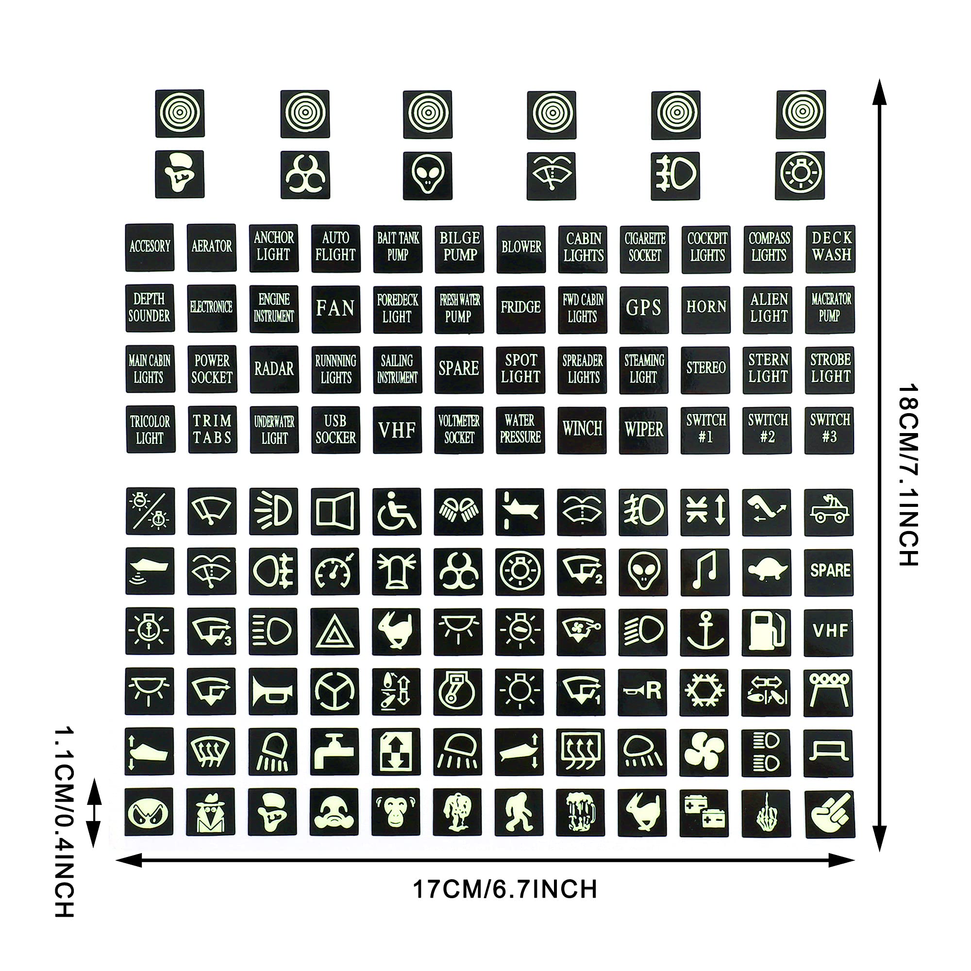 Tomall 132Pcs Centre Console Switch Luminous Stickers For Car Night Safety Luminous Decals Circuit Panel Label Glow In The Dark Accessories For Boat Trailer Car Headlight Control Gps