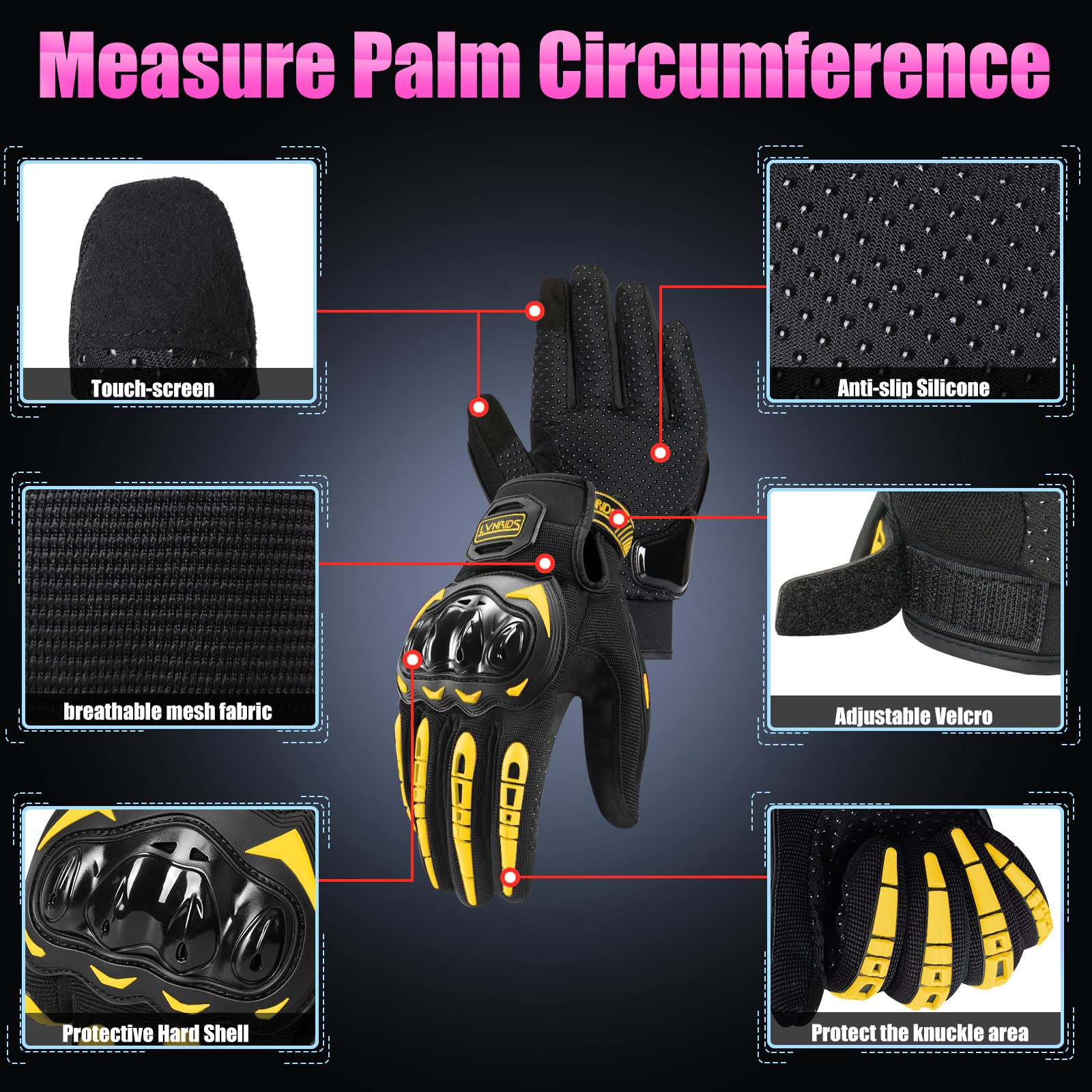 Lvnrids Motorcycle Gloves For Men Women Full Finger Touchscreen Racing Motorbike Gloves For Bmx Atv Mtb Riding Racing Cycling Ye