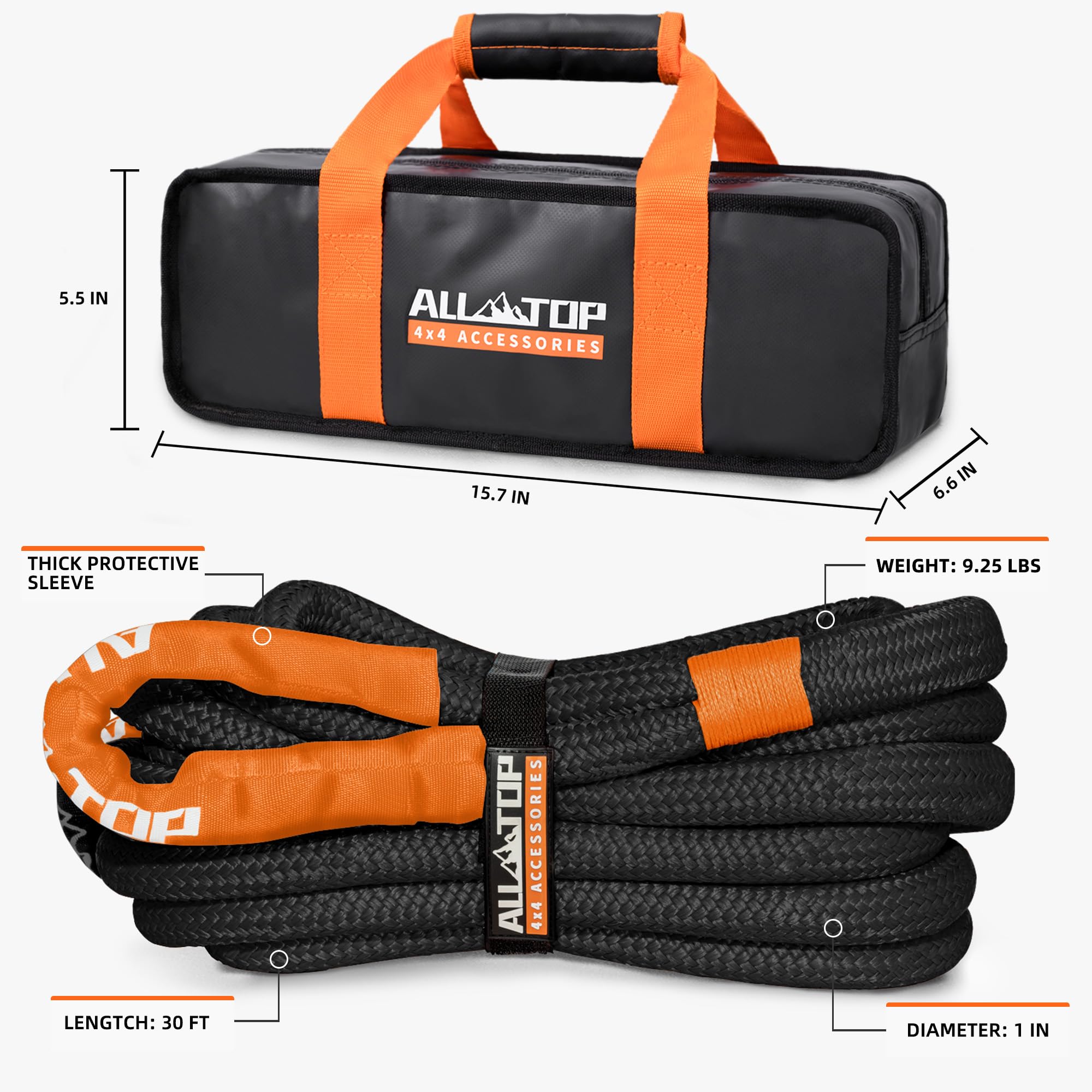 All-Top Kinetic Recovery Rope, 48000Lbs, 1In X 20Ft, Heavy Duty 30+% Elasticity, 16000Lbs Work Load Limit For 4X4 Offroad Vehicl