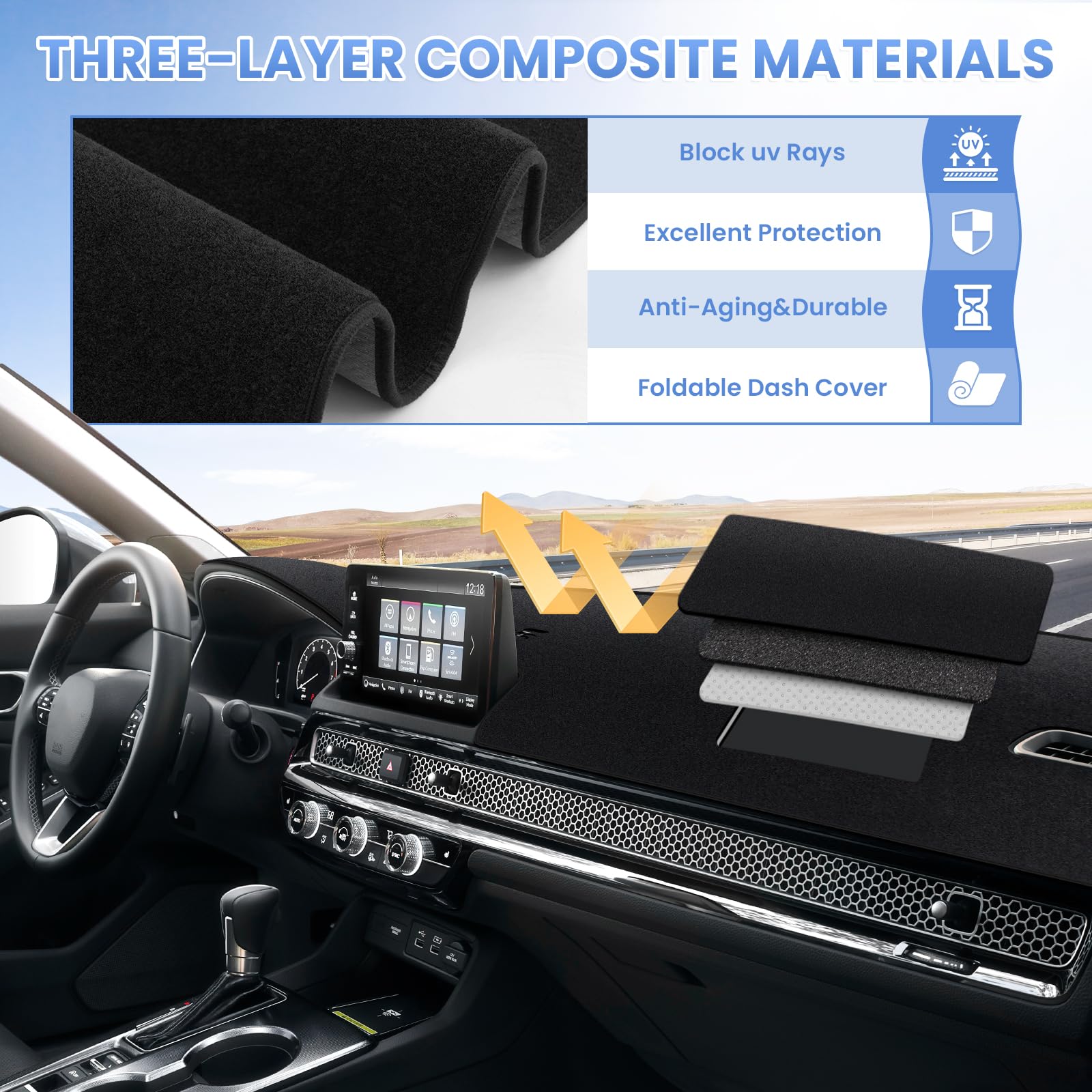 Sunsdrew Civic Dash Cover For 2025 2024 2023 2022 Honda Civic Dashboard Cover Mat For Civic 11Th Gen. Accessories Sun Shade Non-