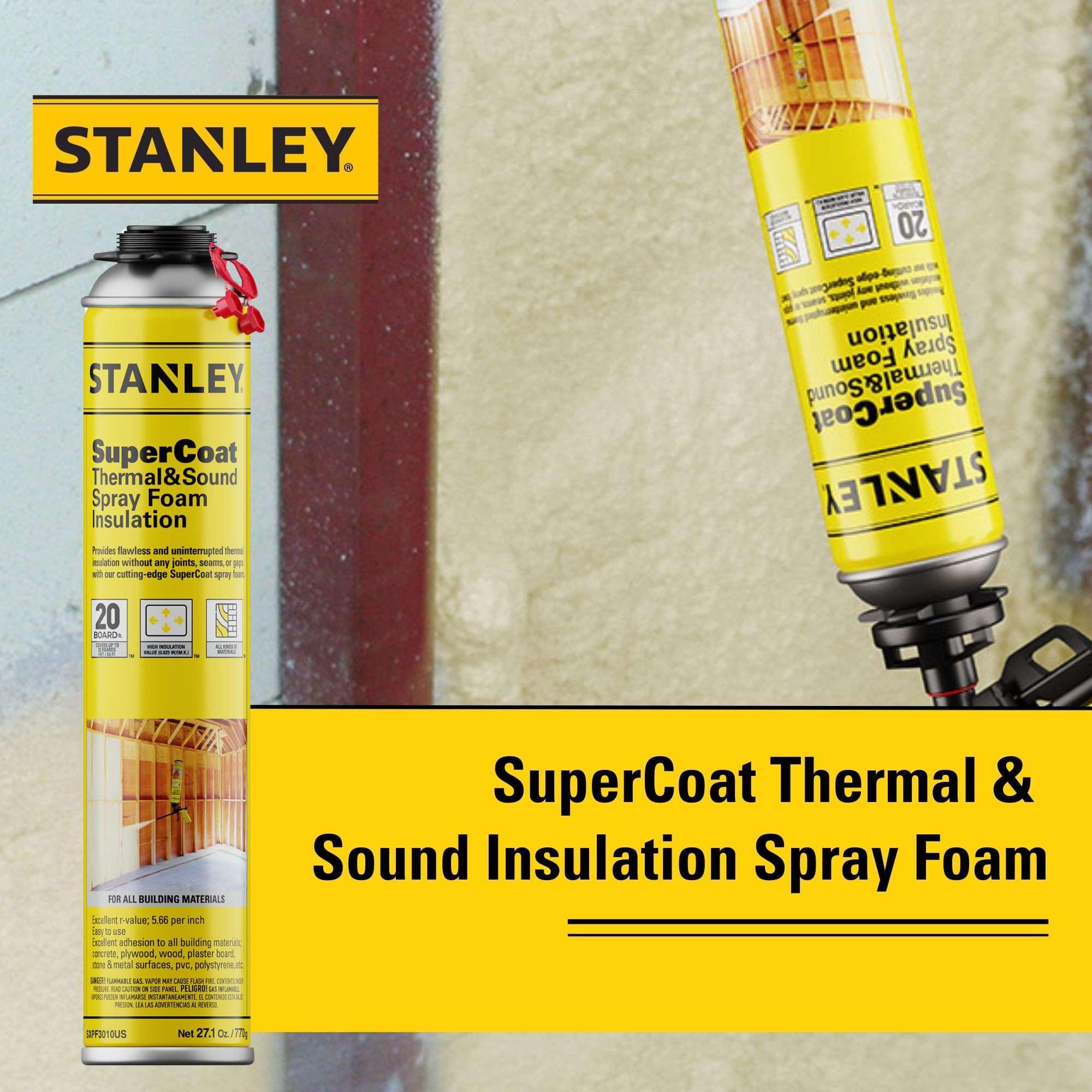 STANLEY Supercoat Spray Foam Insulation - Closed Cell Spray Foam Covers Up to 240 Sq.Ft. Gun Use, Gun Not Included, 27.1 oz, 12