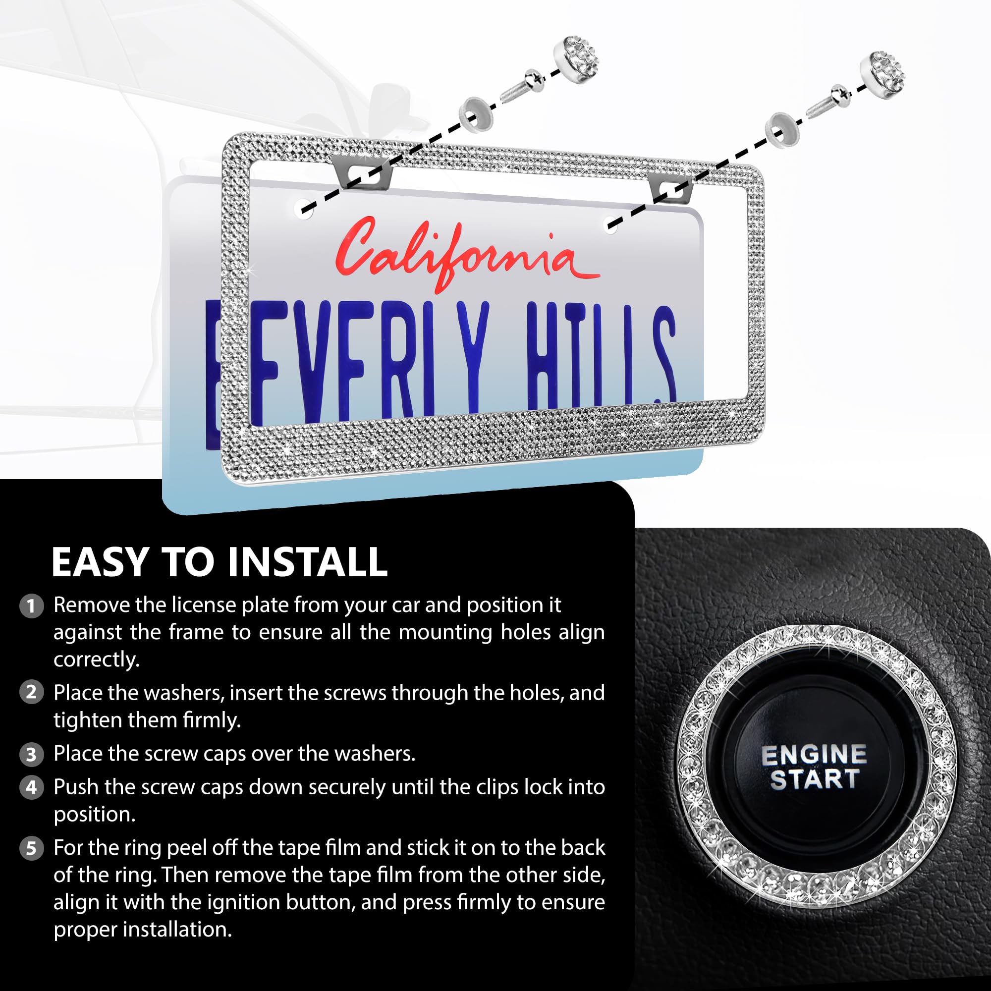 Motorfi 2 Pack Silver Bling License Plate Frames For Women - Stainless Steel With Diamond Sparkly Rhinestone License Plate Holde