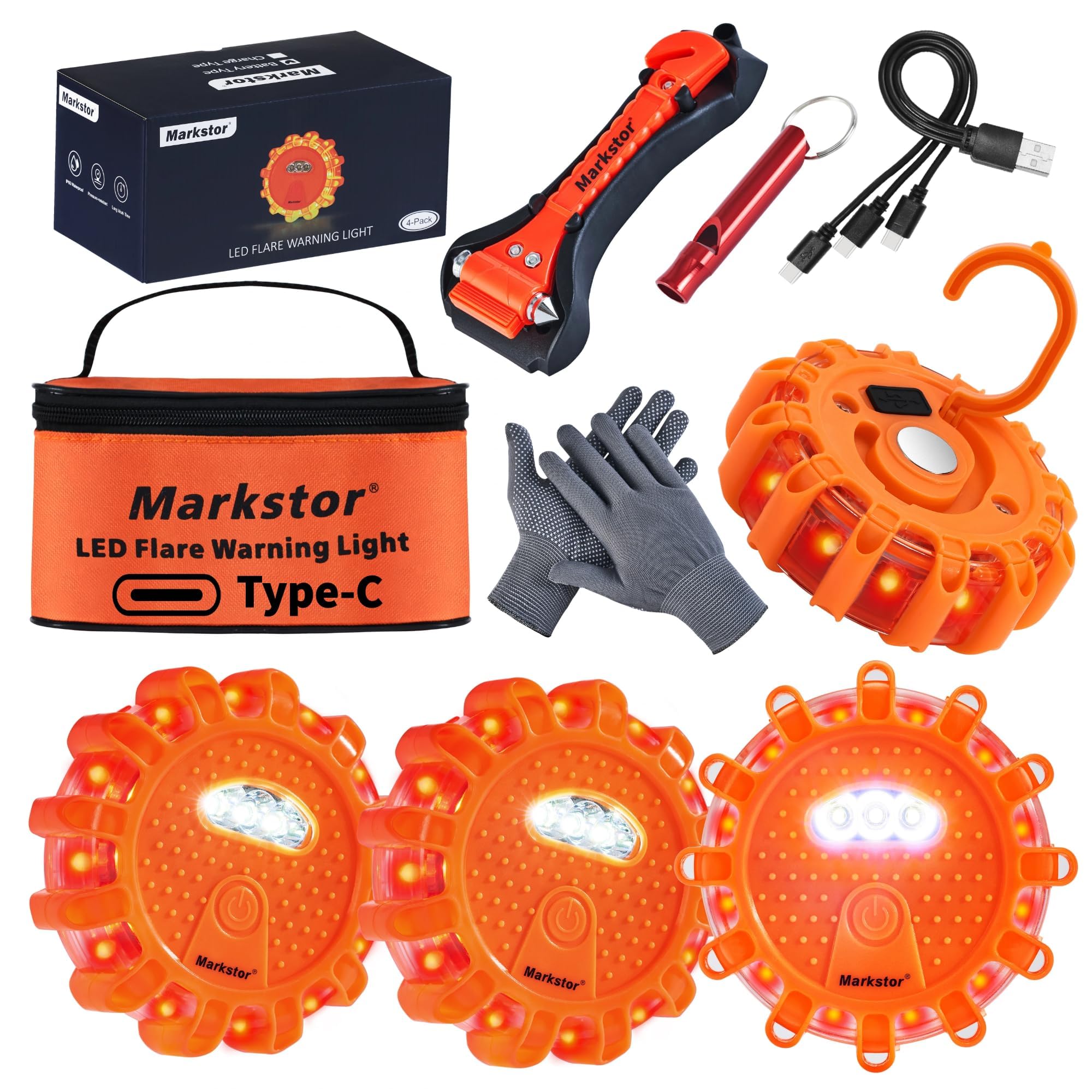 Markstor Led Road Flares 4 Pack Led Flares Emergency Kit, Usb Recharge Amber Led Flares Warning Light With Magnetic, Roadside Sa