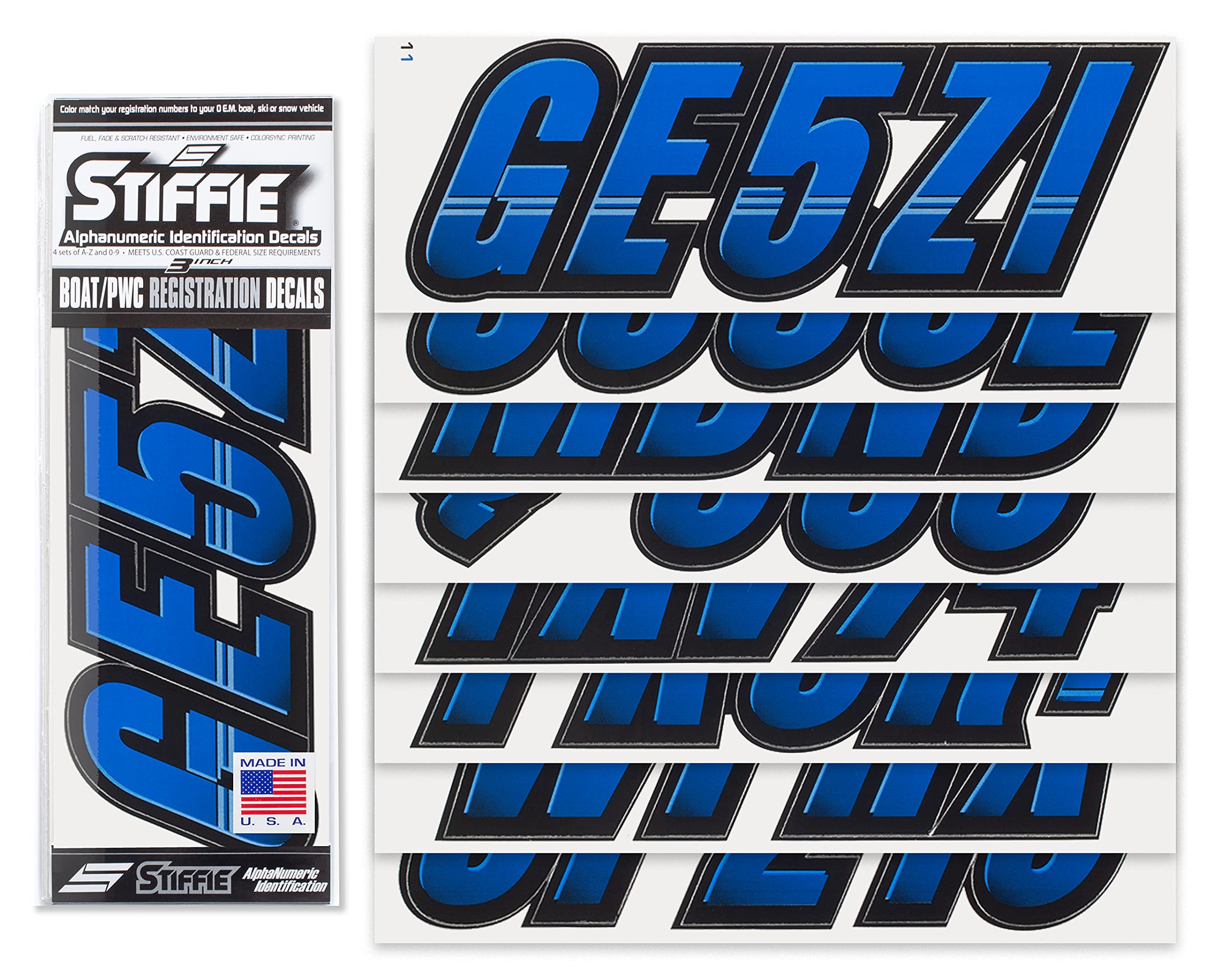 Stiffie Techtron Blue/Black 3 '' Boat & Pwc Registration Decals  Numbers Letters Stickers
