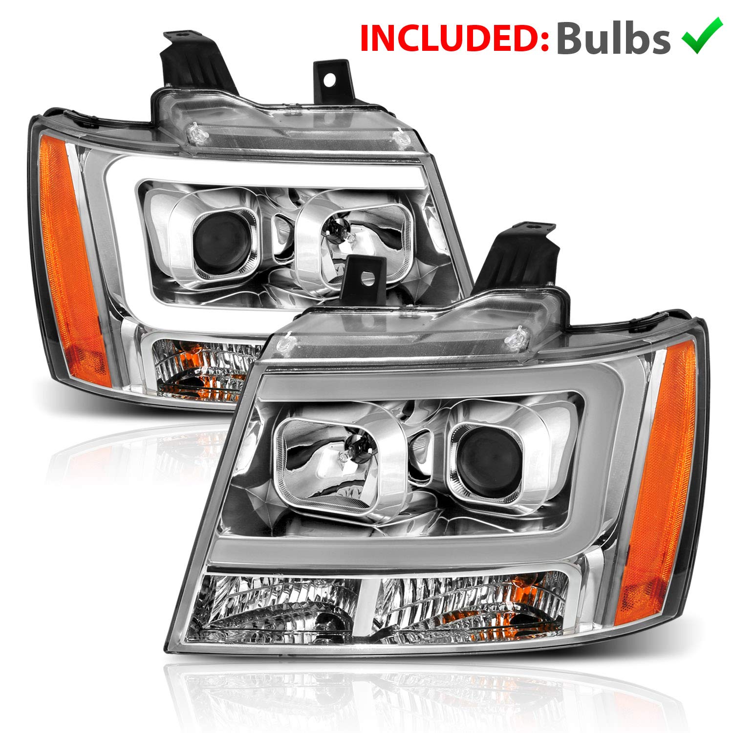 Amerilite For 2007-2013 Chevy Avalanche Suburban Tahoe Suv Super Bright Led Bar Projector Chrome Replacement Headlights Pair - L