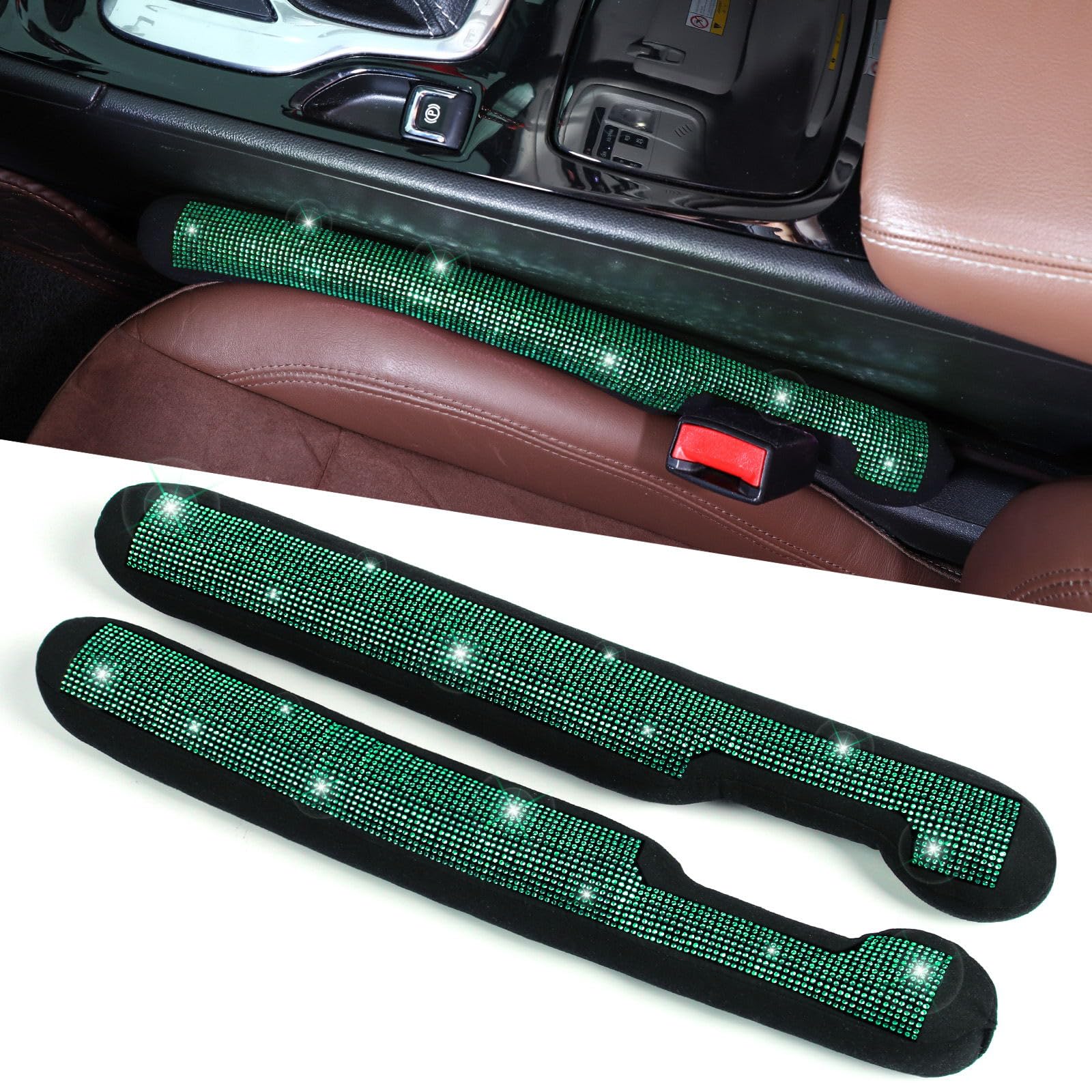 Tobequeen Green Car Seat Gap Filler, Universal Fit For Car Suv Truck, Handmade Crystal Diamond Rhinestone Green Bling Car Access