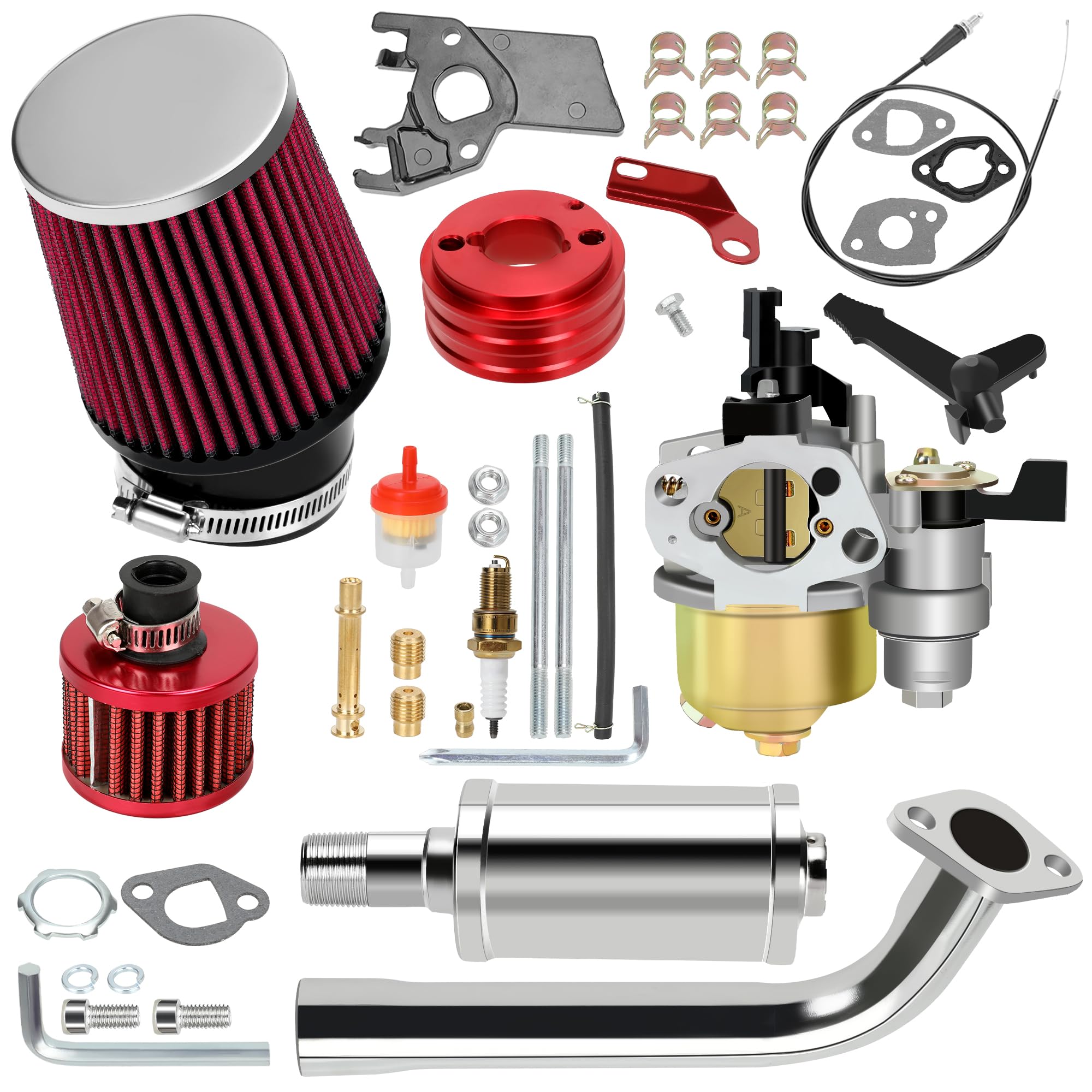 Yoxufa 212Cc Carburetor Exhaust Pipe Muffler Stage 2 Kit For Predator 212Cc 224Cc 196Cc 200 6.5Hp Engine Coleman Ct200U Bt200X Ct200U-Ex Baja Warrior Mb200 Gx160 Mini Bike Go Kart Parts