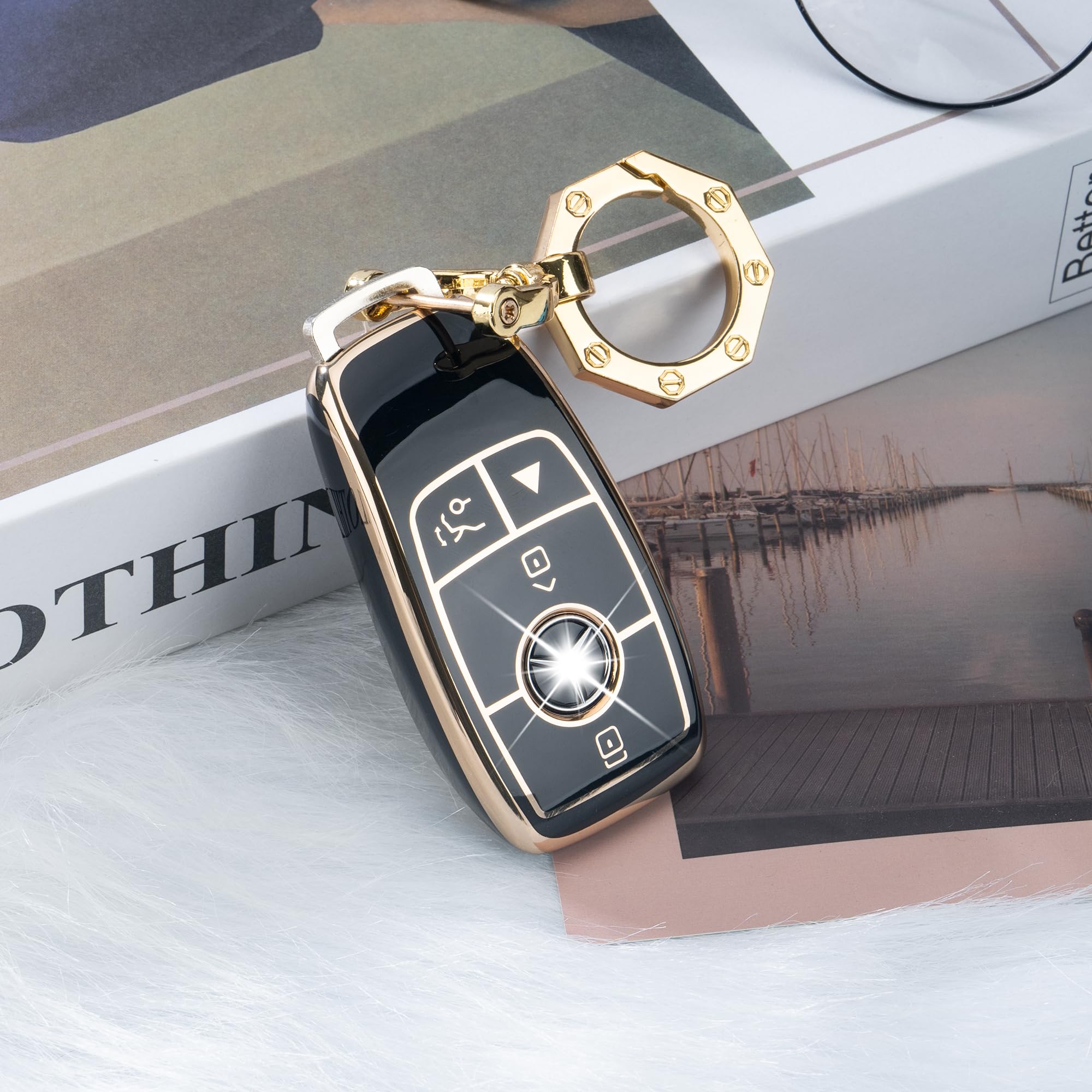 Yhc For Mercedes Benz Key Fob Cover Car Key Case Shell With Gold Keychain Fit E S A C G Class 2017-2024(Black)